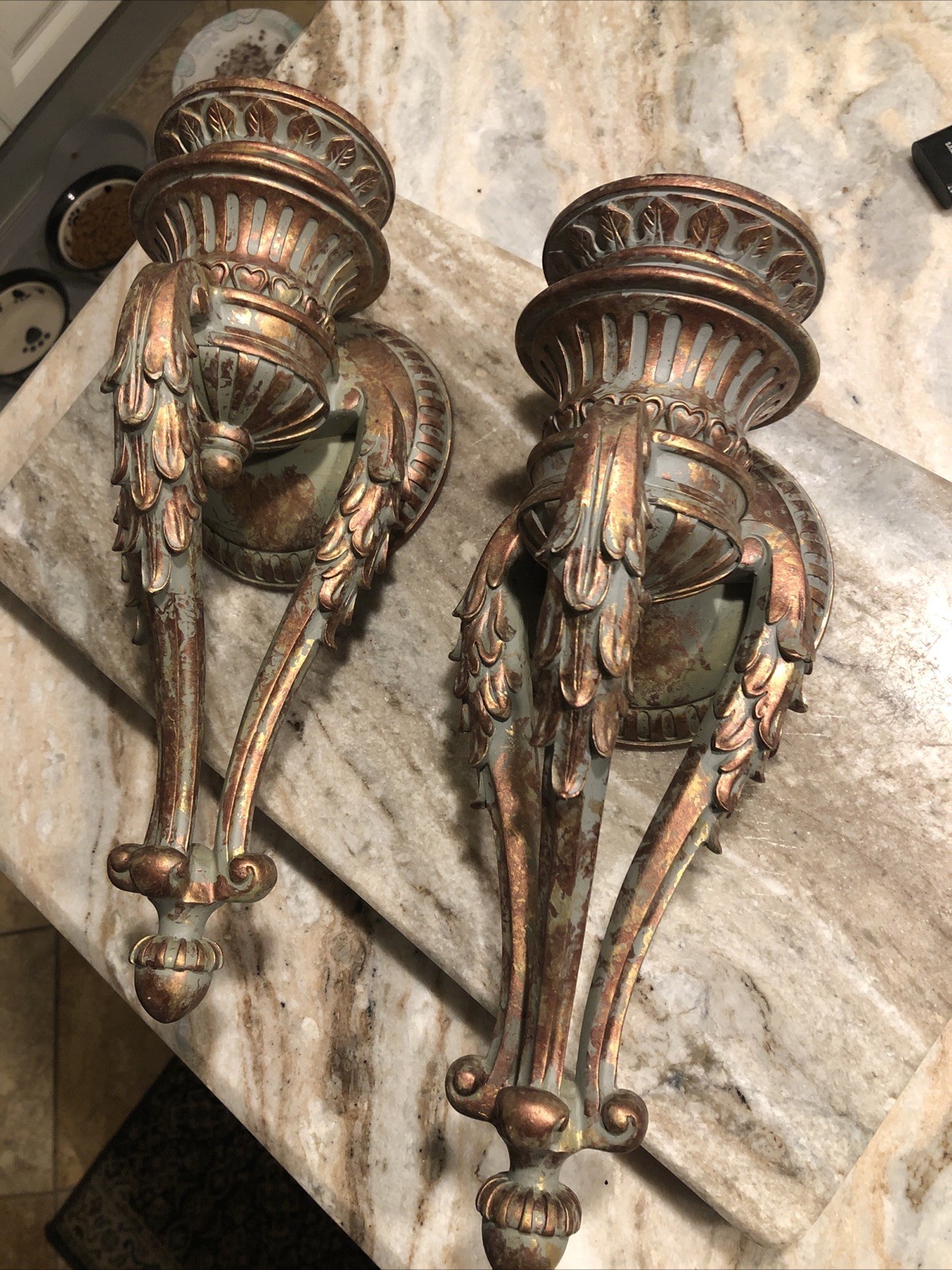 VTG Pair Hollywood Regency Antique Bronze Wall  Sconce Pair Detailed  Gold  14