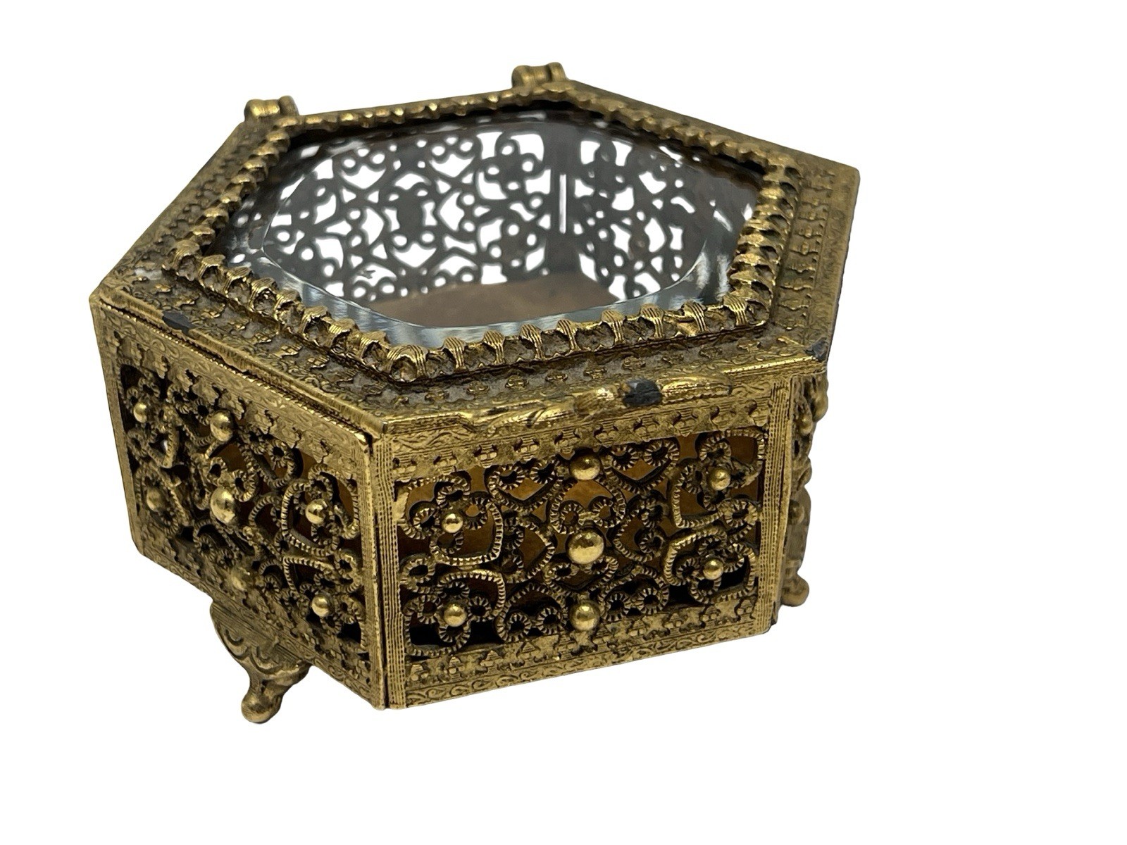 Vintage Filigree Ormolu Beveled Glass Jewelry Casket Trinket Box 6 Sided
