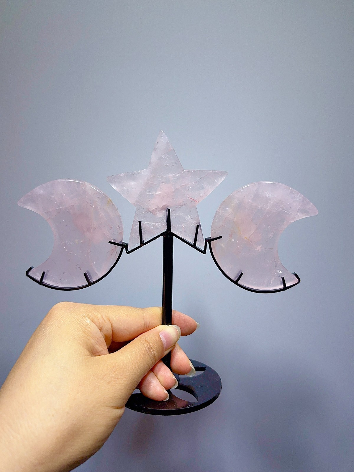 6.2 \'\'Rose Quartz  crystal carved moon and star sculpture on stand 1pcs