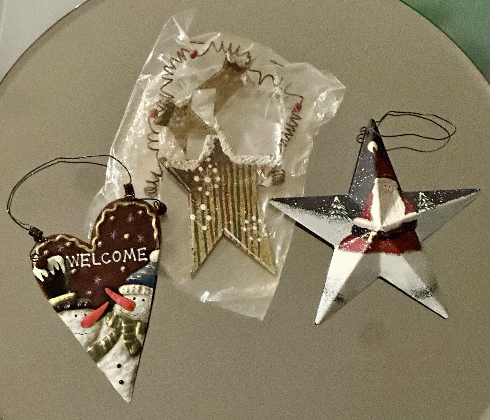 Vintage Three Piece Lot of Christmas Ornaments-Metal & Star Heart Hand Painted