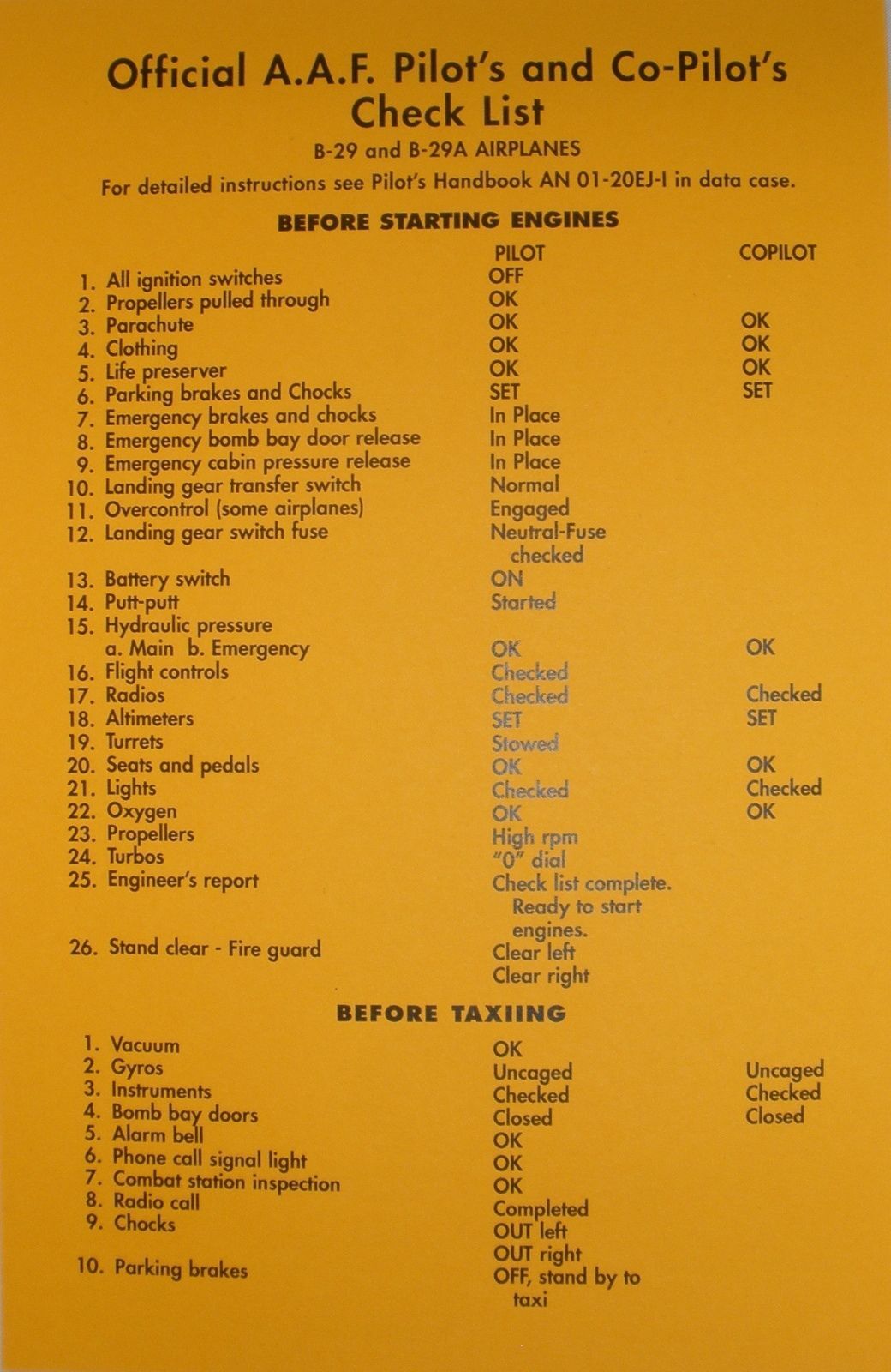 Boeing B-29 Superfortress Checklist, Reprint WW II Aviation Enola Gay   CKL-0101