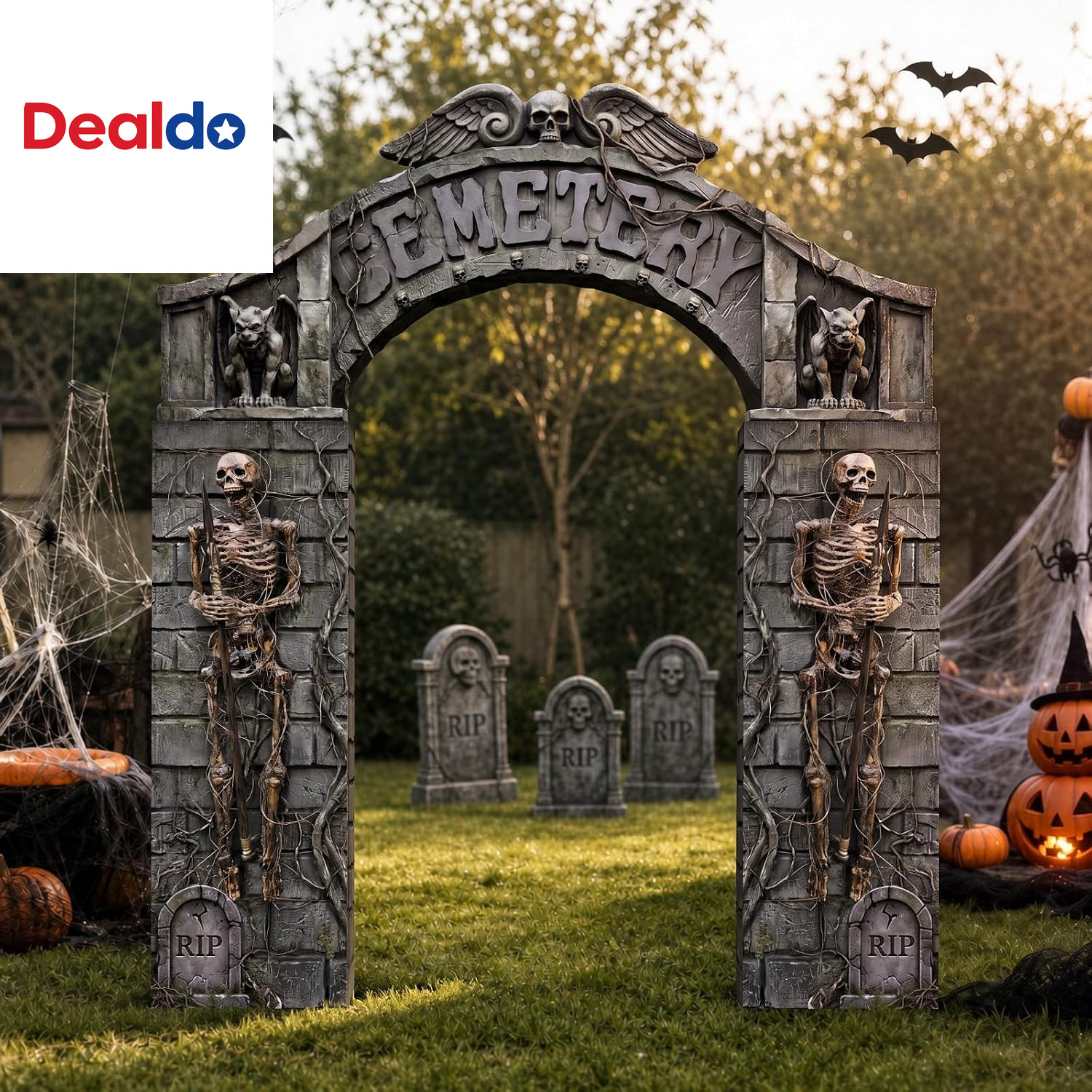 7 Pcs Halloween Cemetery Archway Tombstones Skeleton Set,Cemetery