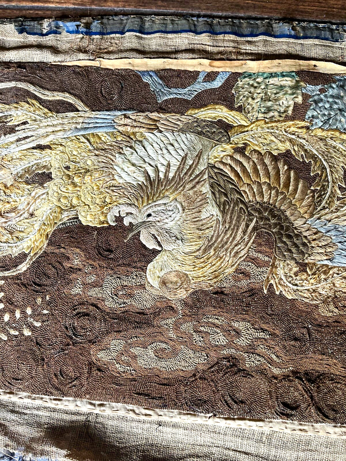 Antique Chinese silk embroidery panel, soaring phoenix above waves 21” x 88”