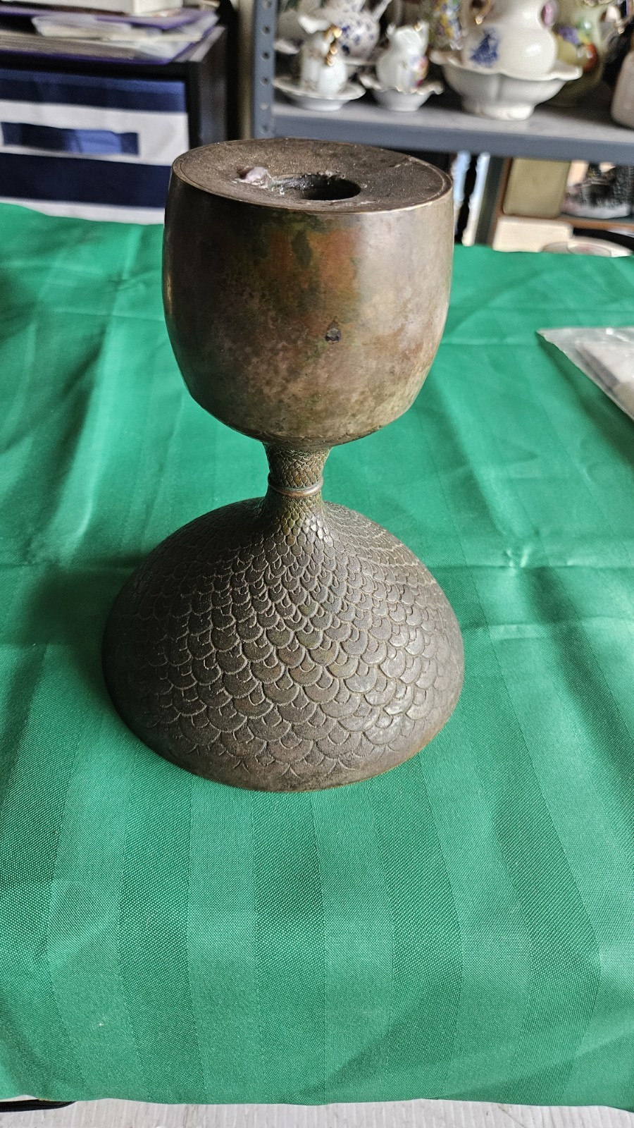 Vintage Early 20th Century Bronze / Brass Convertible Candlesticks W/ Fish Scale