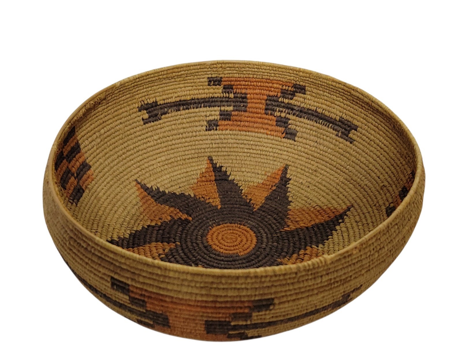Vintage Coiled Woven Basket Bowl 7” Starburst Geometric Southwest Boho Decor