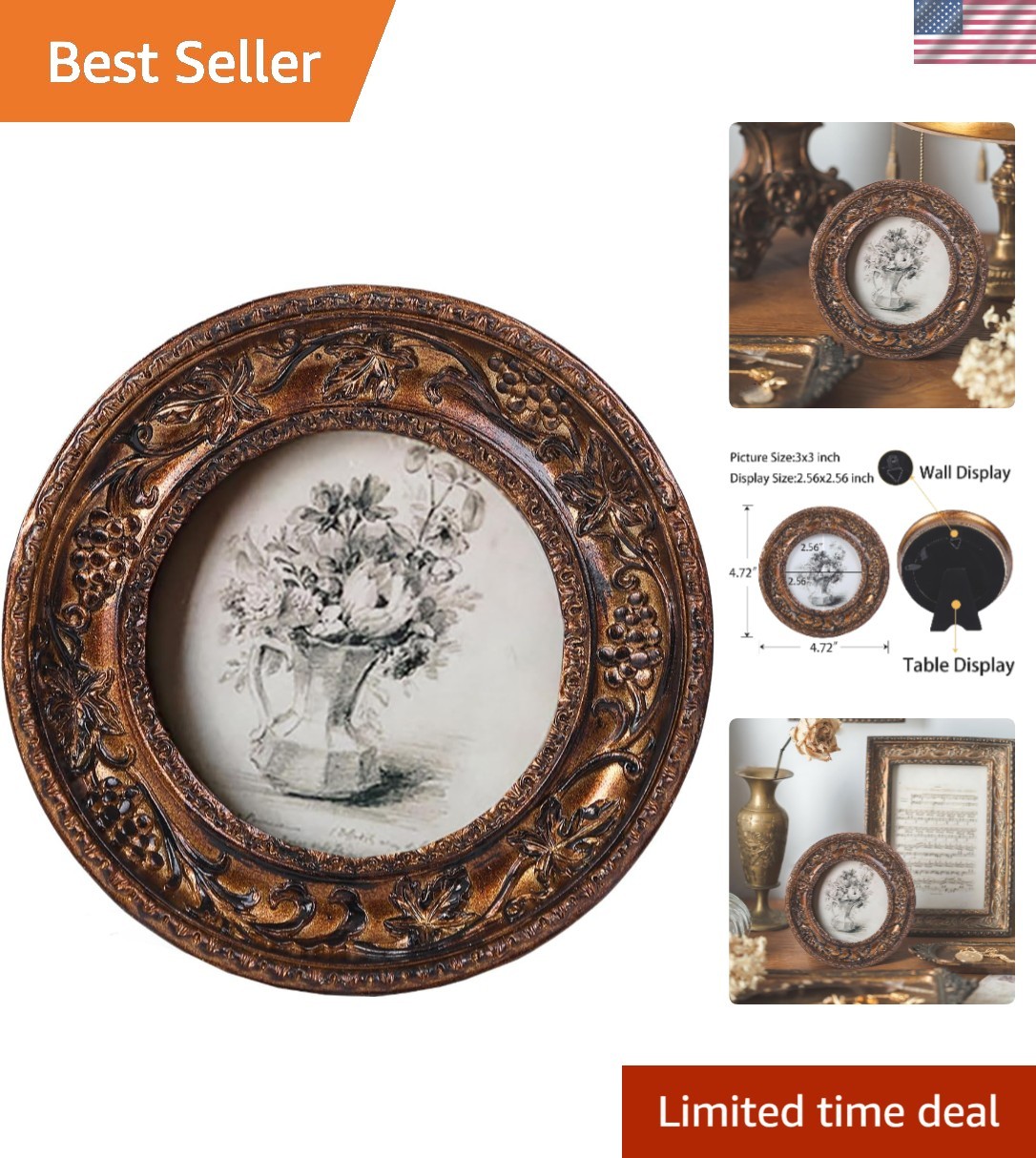 Stylish Antique Bronze Gold 3x3 Round Frame - Perfect Gift for Loved Ones