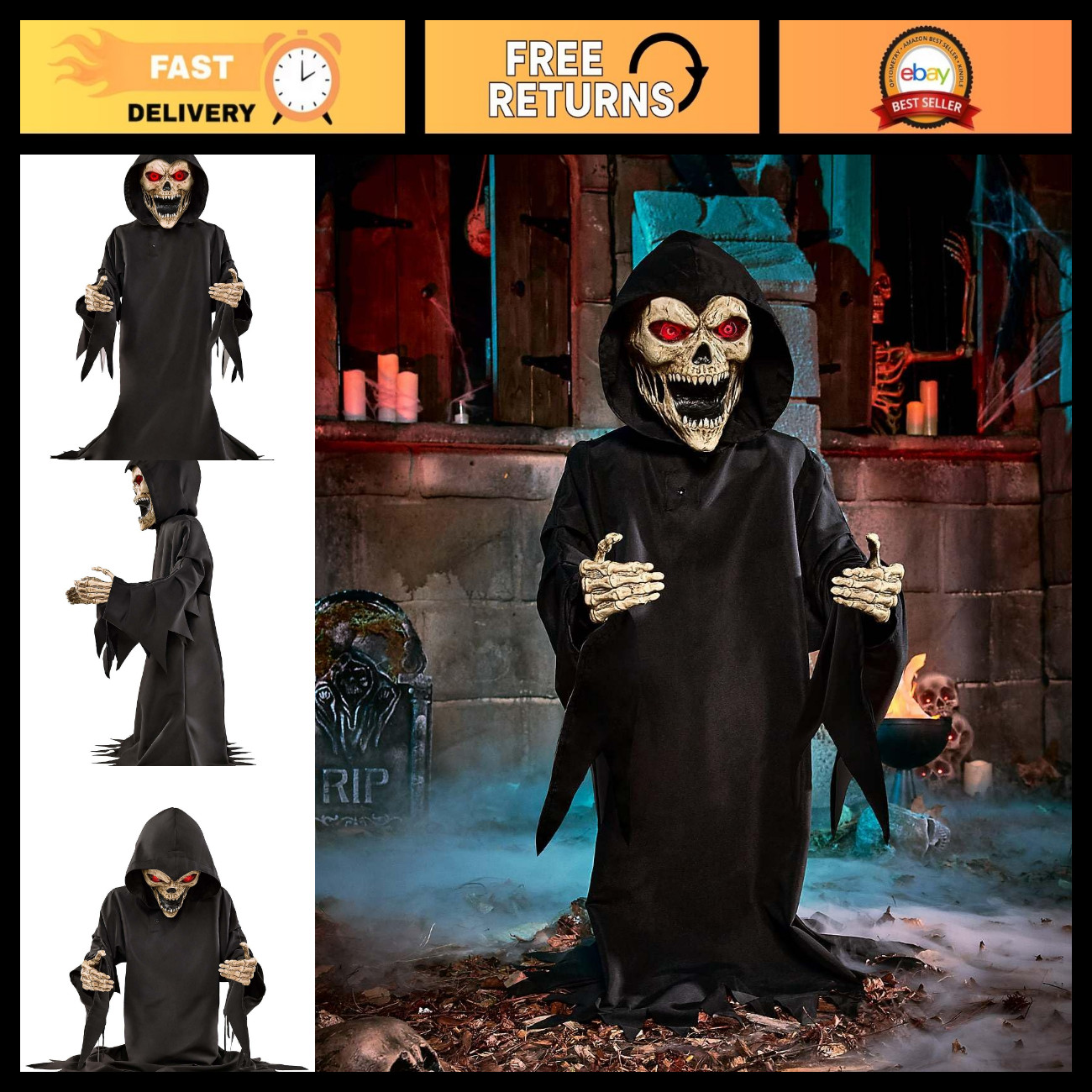 3 Ft Screaming Reaper Animatronic - Animated Skeleton Prop for Halloween Decor