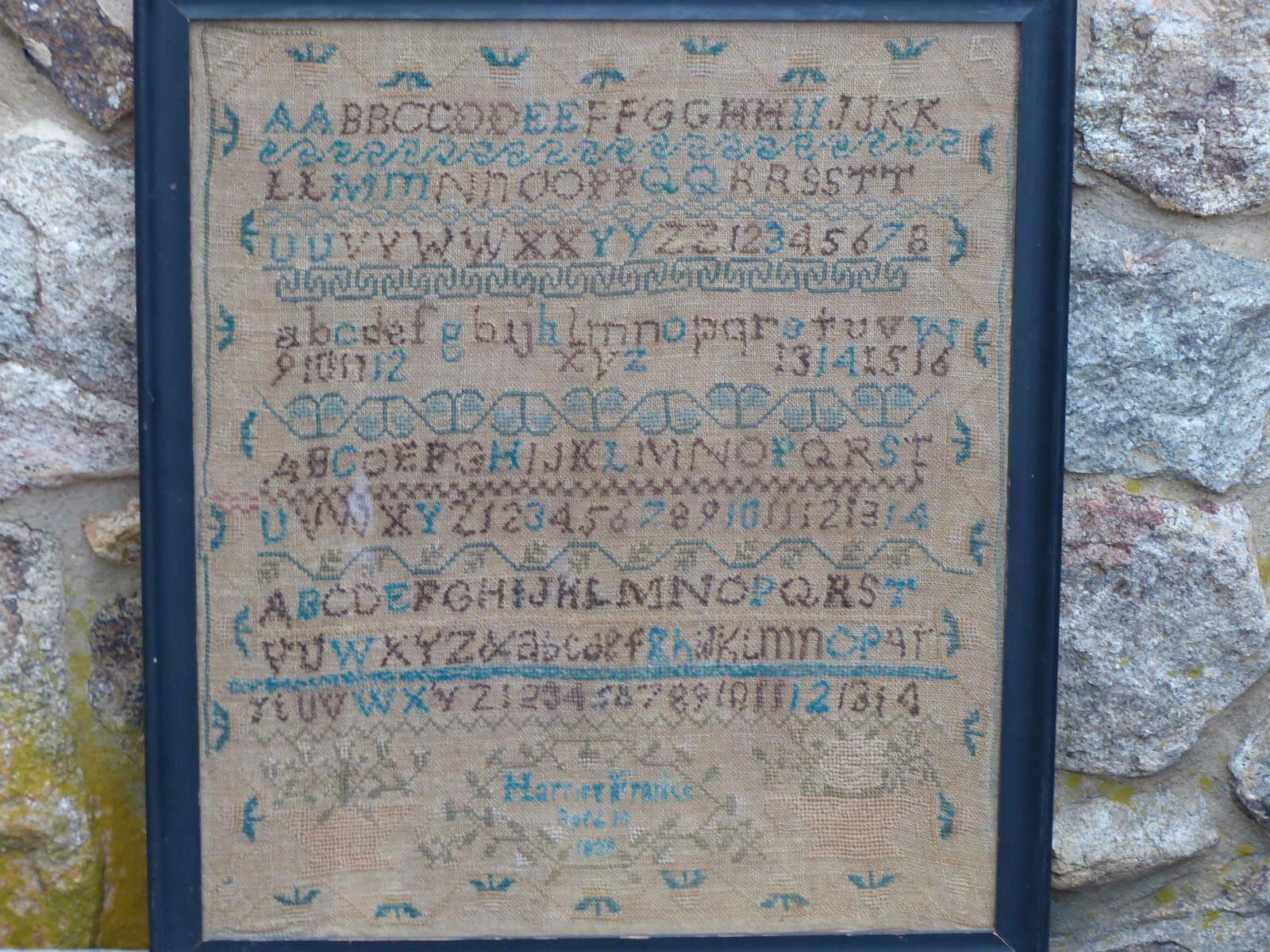 Antique 1838 Harriet Franks Age 10  School Girl Needlework Alphabet Sampler