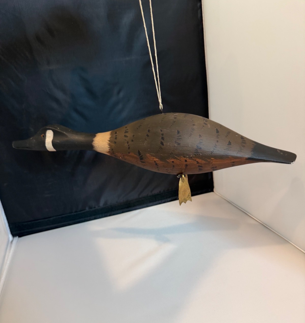 Vintage Hand Carved Wood Canada Goose Hanging Folk Art Bird Brass Feet 15