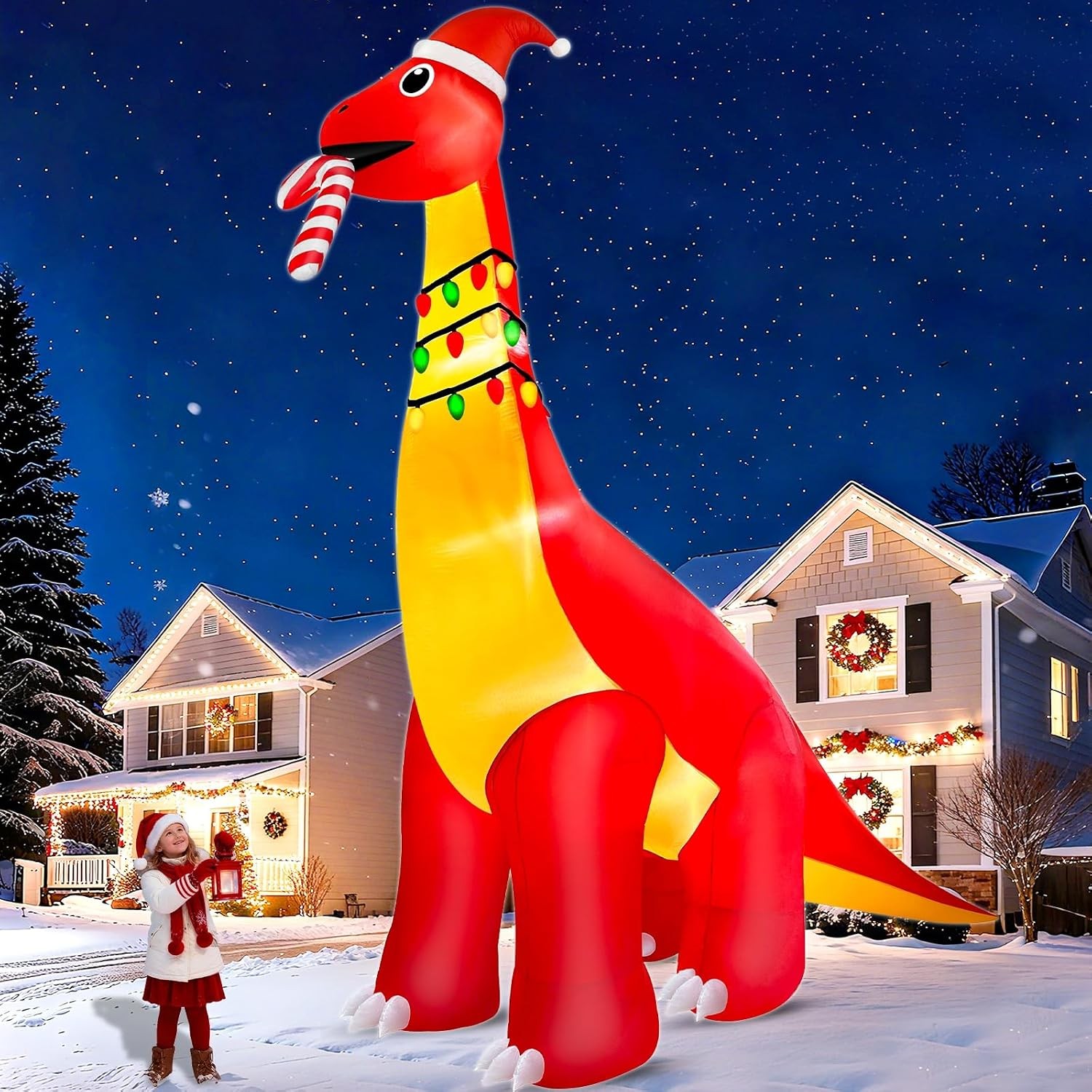 16Ft Ht x 18FT Long Super Giant Christmas Inflatable Dinosaur with Candy Cane