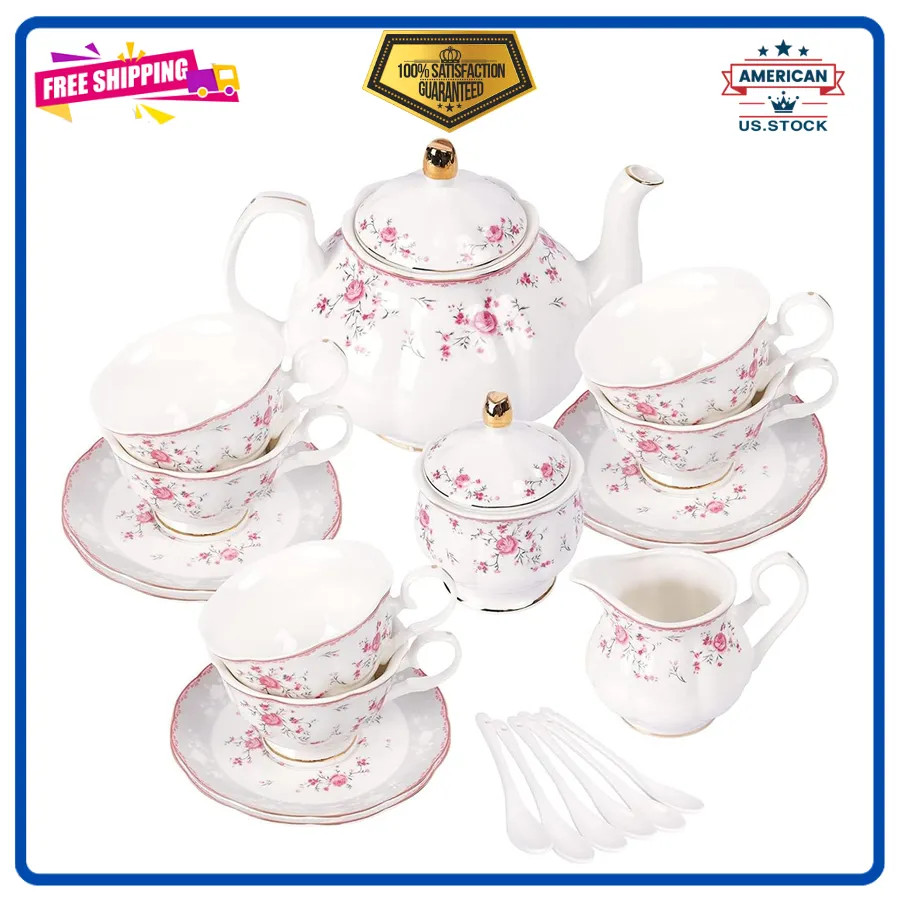 Vintage Porcelain Tea Set for 6 Pink Rose Floral Teapot Cup and Saucer Set Vintage Porcelain Tea Set for 6 Pink Rose Floral Teapot Cup and Saucer Set