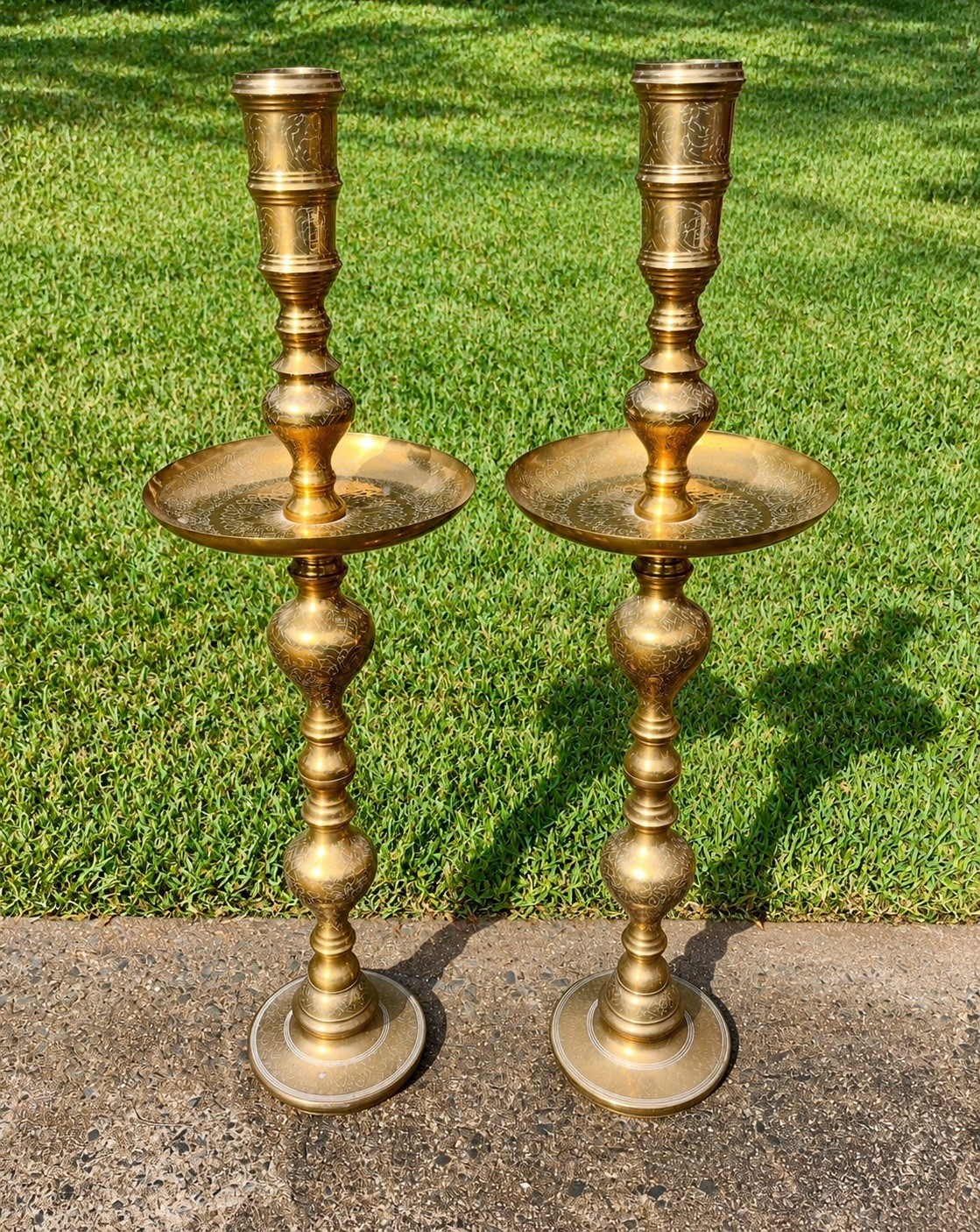 Vintage Moroccan Solid Brass Floor Candlesticks Pair 36” Tall Etched MCM Decor