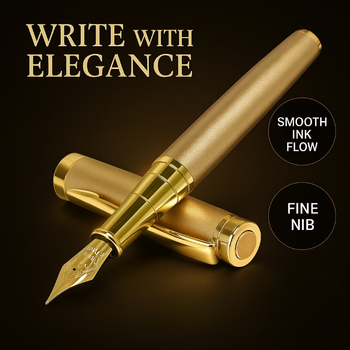 Luxury Gold Fountain Pen Fine Nib Set with Ink Cartridges, Converter & Case