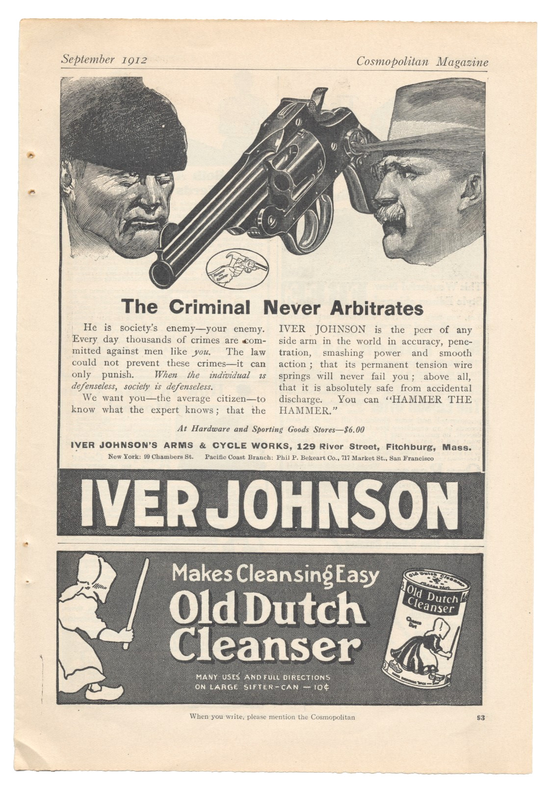 Iver Johnson Arms and Cycle Works 1912 Cosmopolitan Revolver Ad + Edison Phono