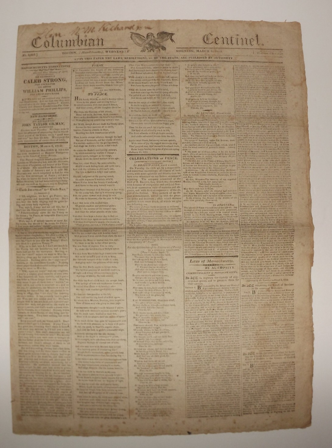 Columbian Centinel Number 3,226 Boston, Wednesday Morning March 8 1815 Newspaper
