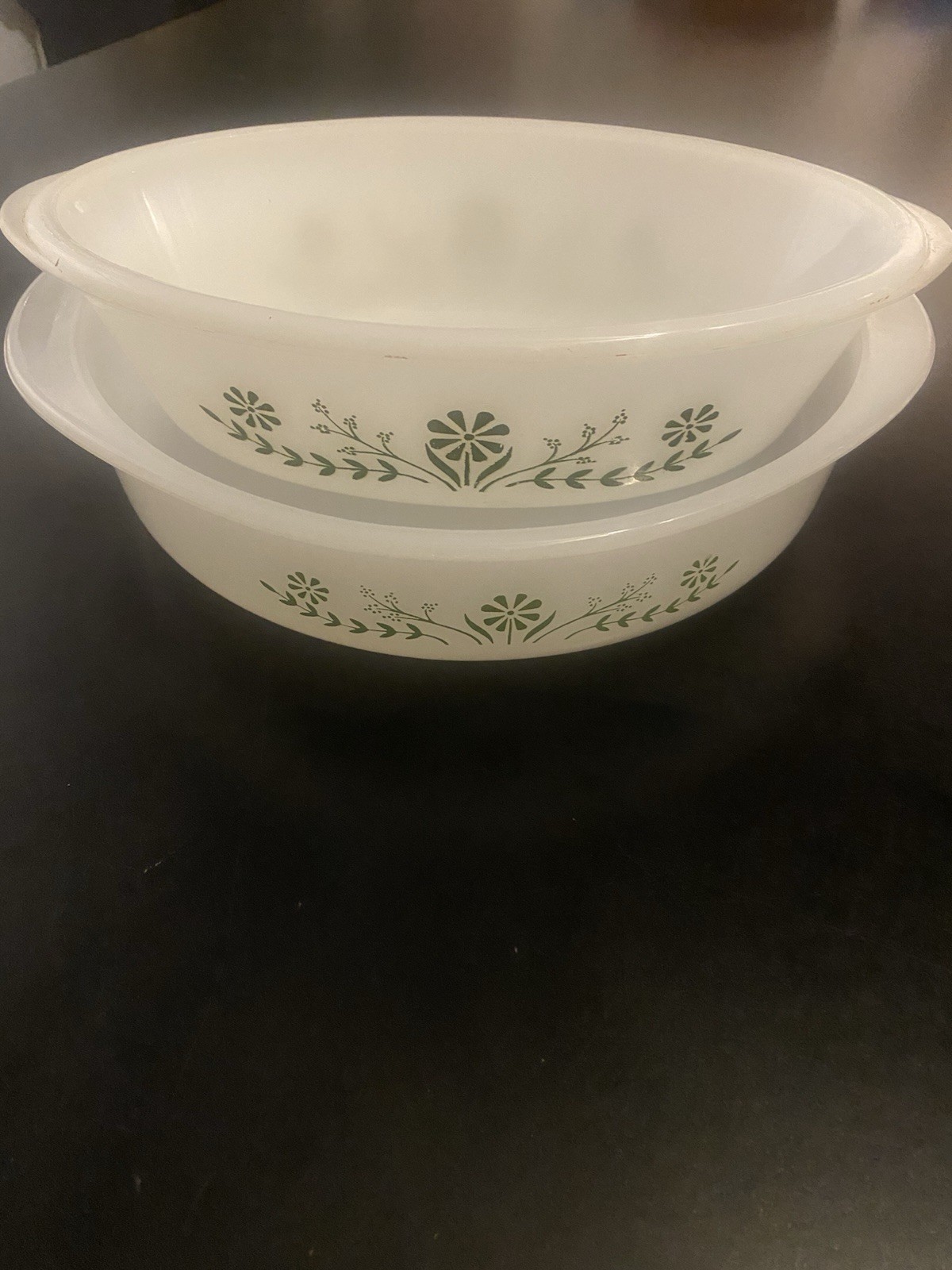 Vintage Set Of 2 GlasBake Green Daisy Casserole Oval Round Dish No Lids VTG