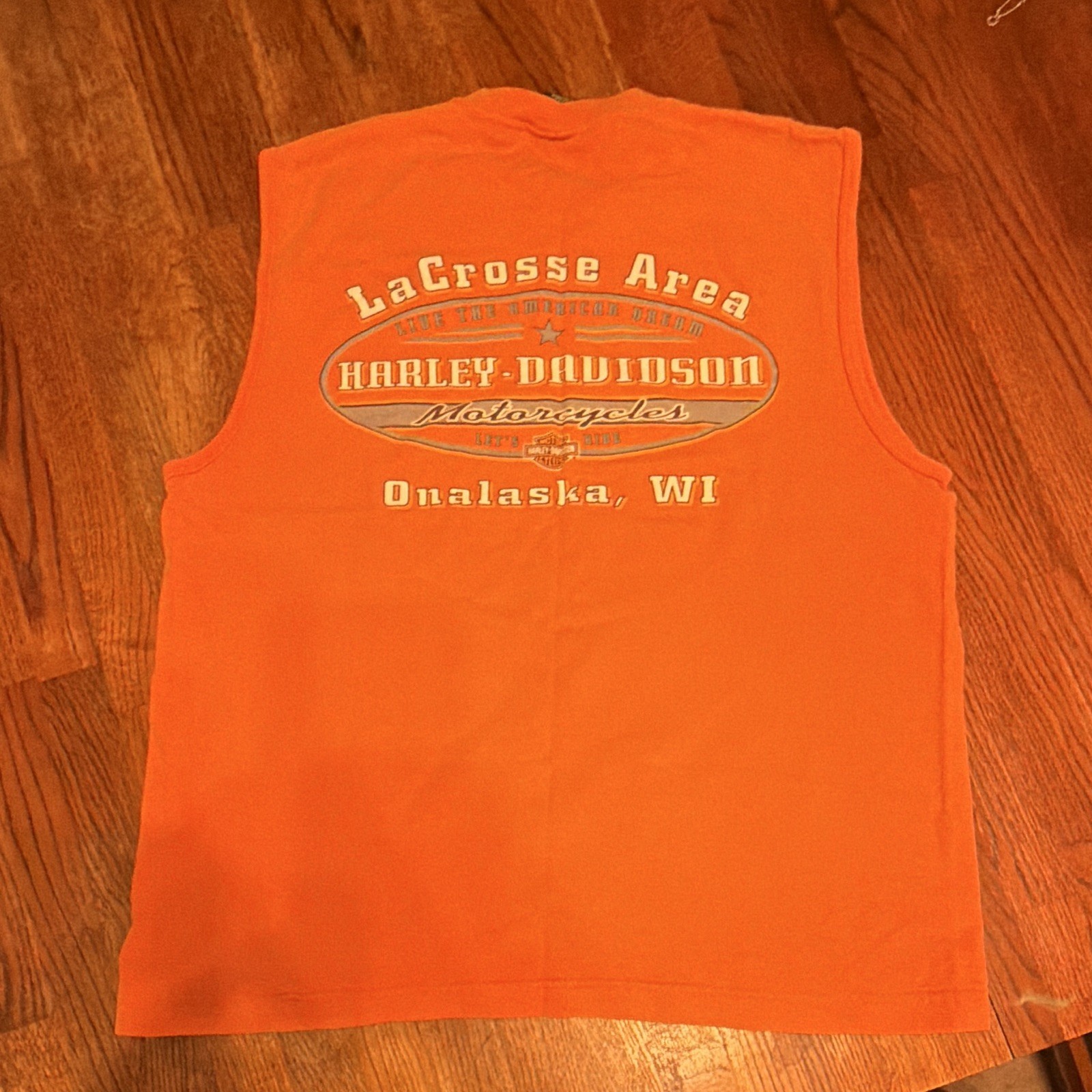 Harley-Davidson LaCrosse Area Onalaska WI Orange Sleeveless T-Shirt L