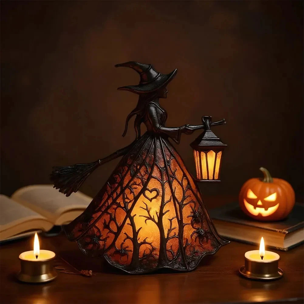 Halloween Witch Lantern LED Night Light Resin Statue Gothic Home Decor with Broo