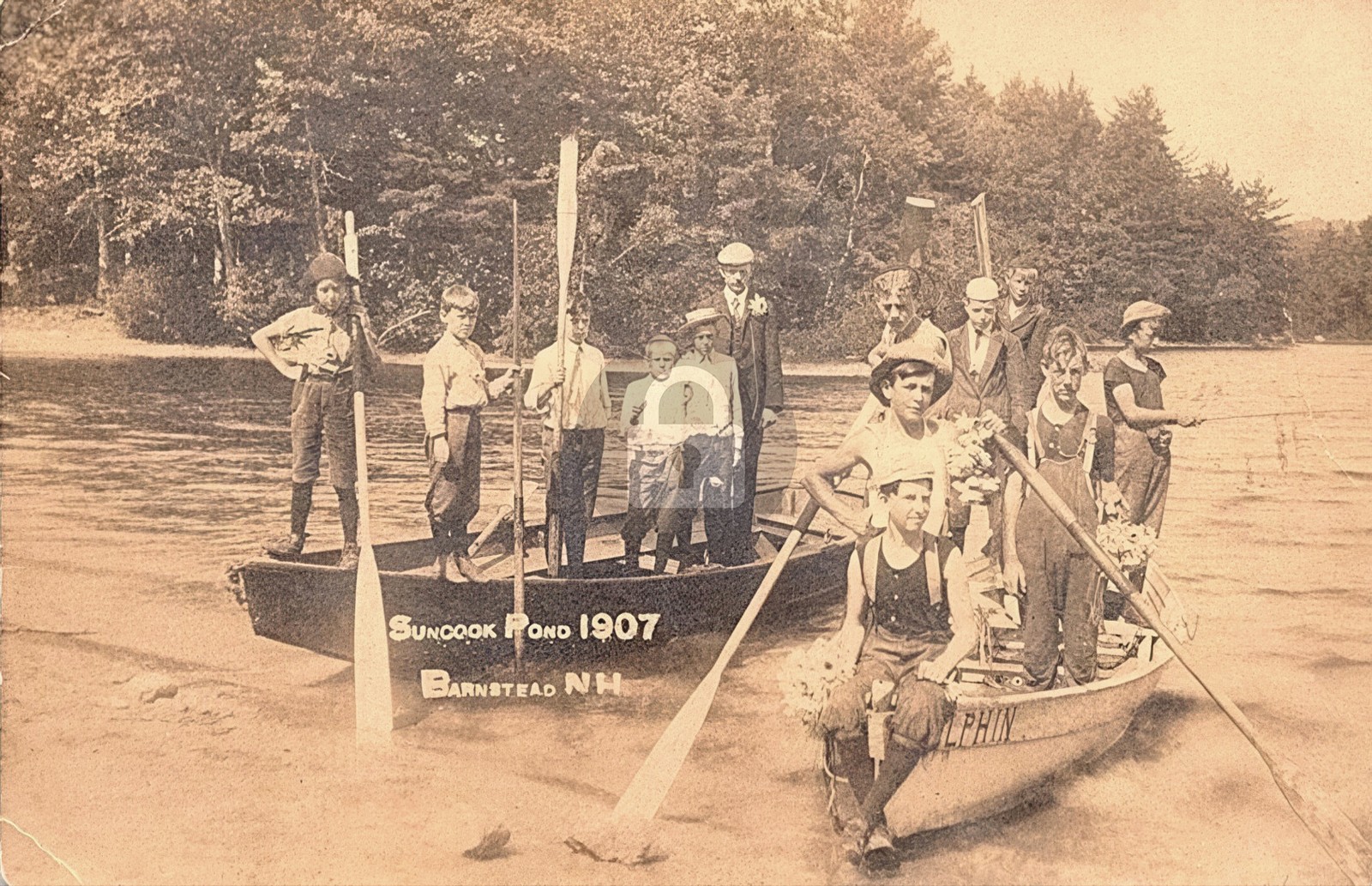 Barnstead NH New Hampshire Children Canoeing Suncook Pond 1907 RPPC COPY