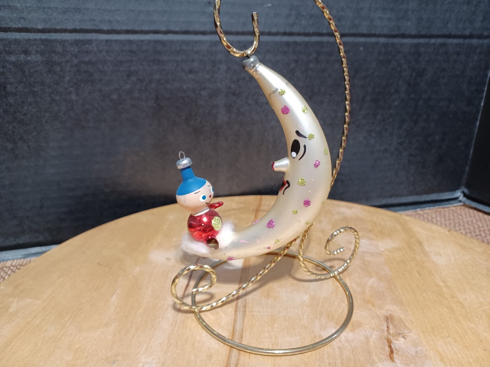 Vintage Mid Century Italy Boy On New Moon Glass Christmas Ornament *read