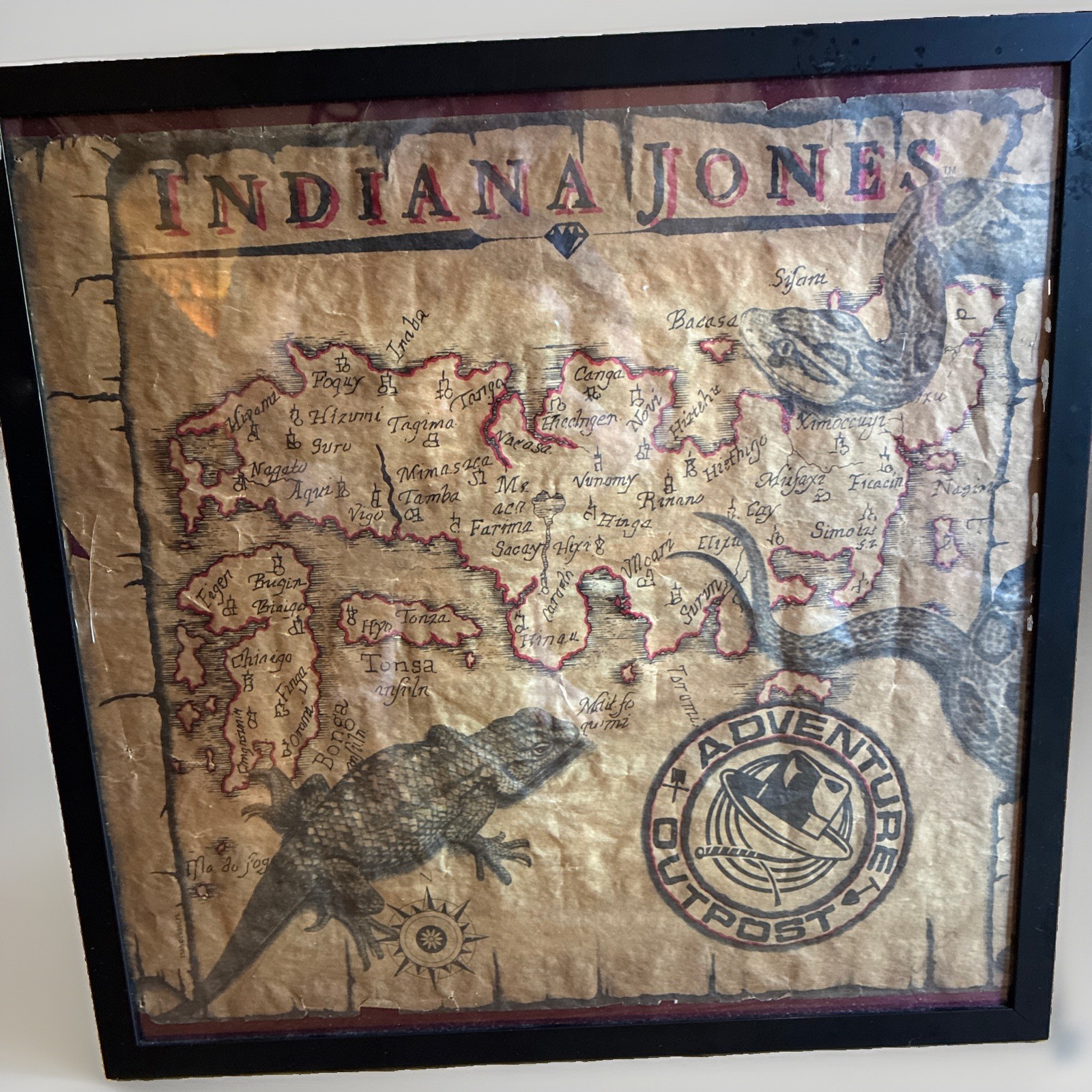 Vtg 1989 DISNEY PARKS Indiana Jones Adventure Outpost  MAP Framed