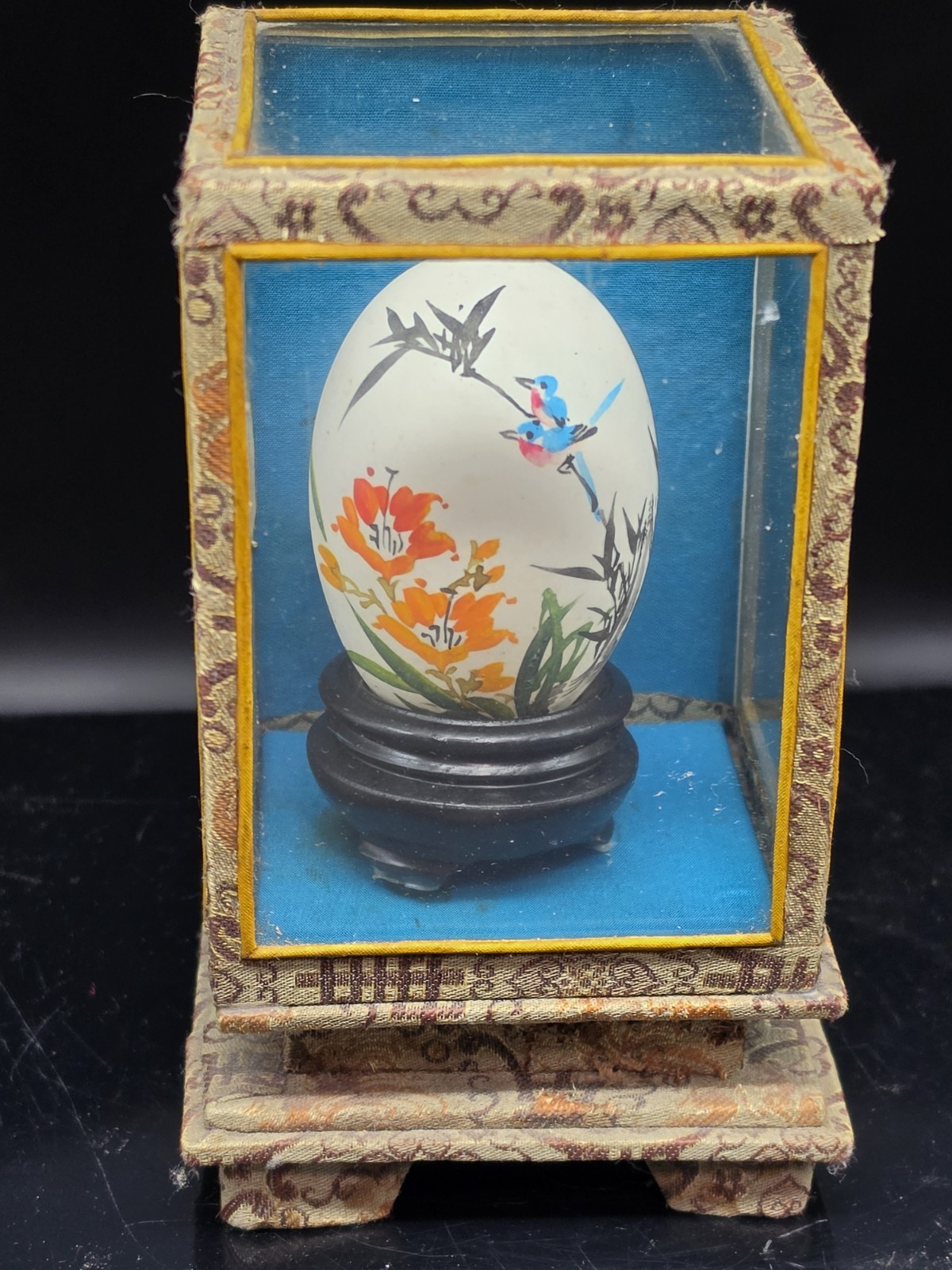 Vintage Oriental Hand Painted Egg in a Glass DisplayCase&Box Bird & Floral Signd