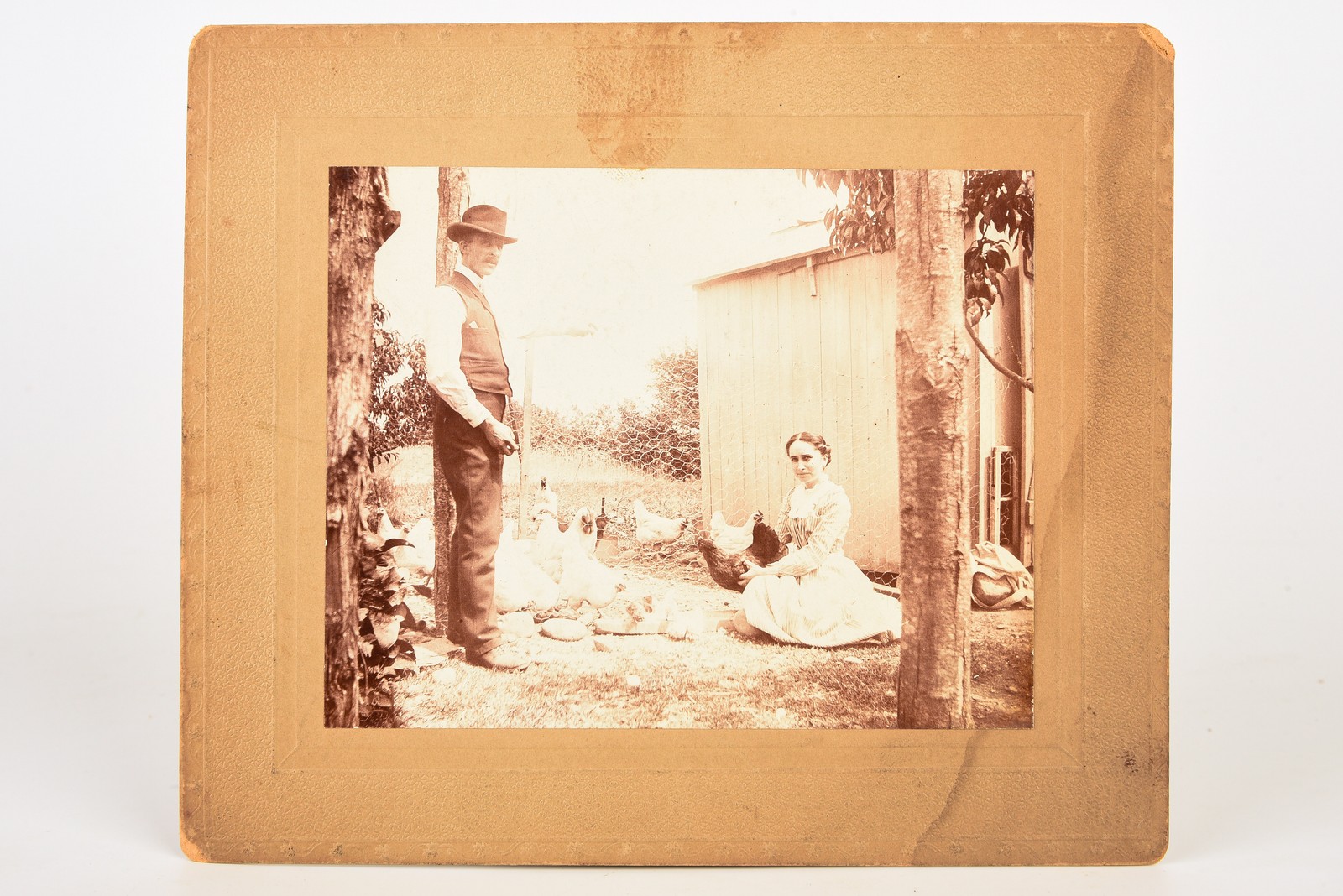 1880s Mounted Albumen Print 6¼ x5⅜\'\' - Husband & Wife with Chickens V23