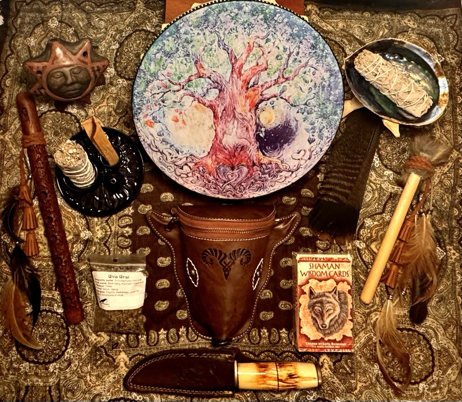 Complete Shamanic Ritual Altar Kit - Shamanic Drum, Flute, Knife, Books, Smudges