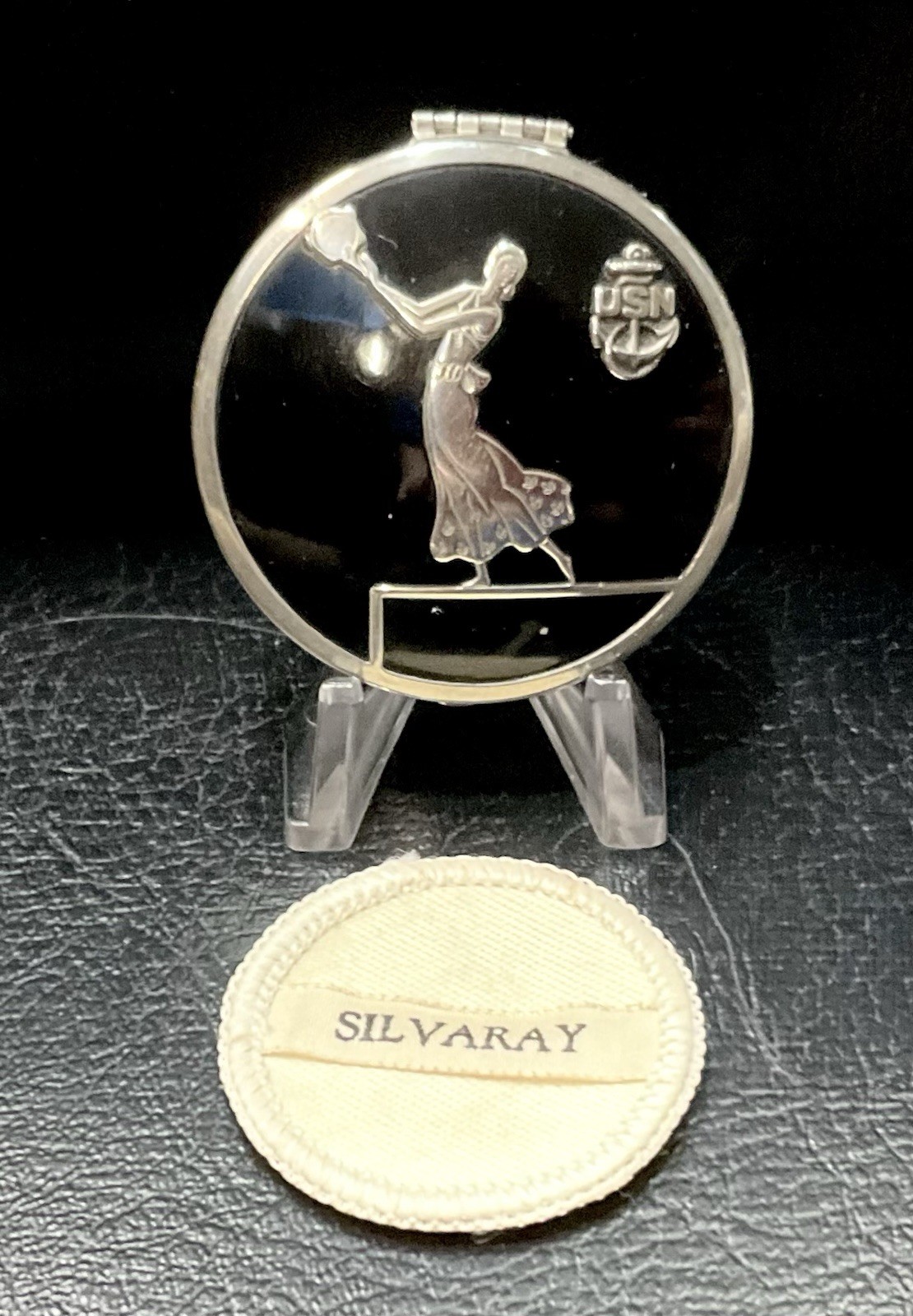 Great Art Deco Silvaray Powder Compact Figural Lady US Navy Enamel Makeup