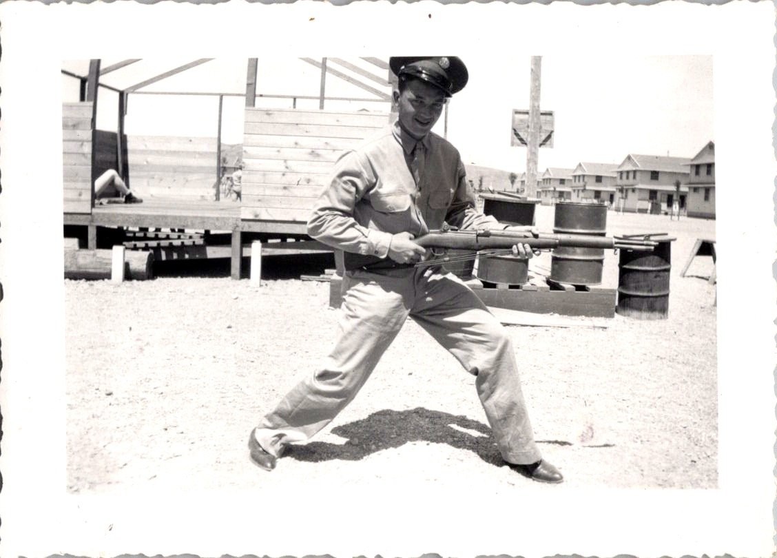 1942 Camp Roberts California WWII Soldier Rifle Photo Vintage Military Snapshot