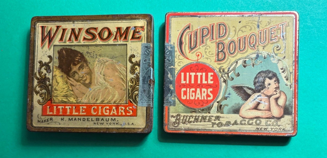 2 Vintage 1890s Winsome & Cupid Bouquet Little Cigars Tobacco Tins