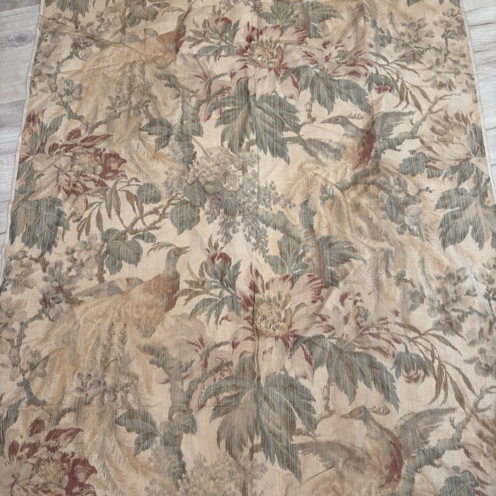 Antique Watered Floral Drapery Panel Curtain Drape French Old Taupe Birds 33x128