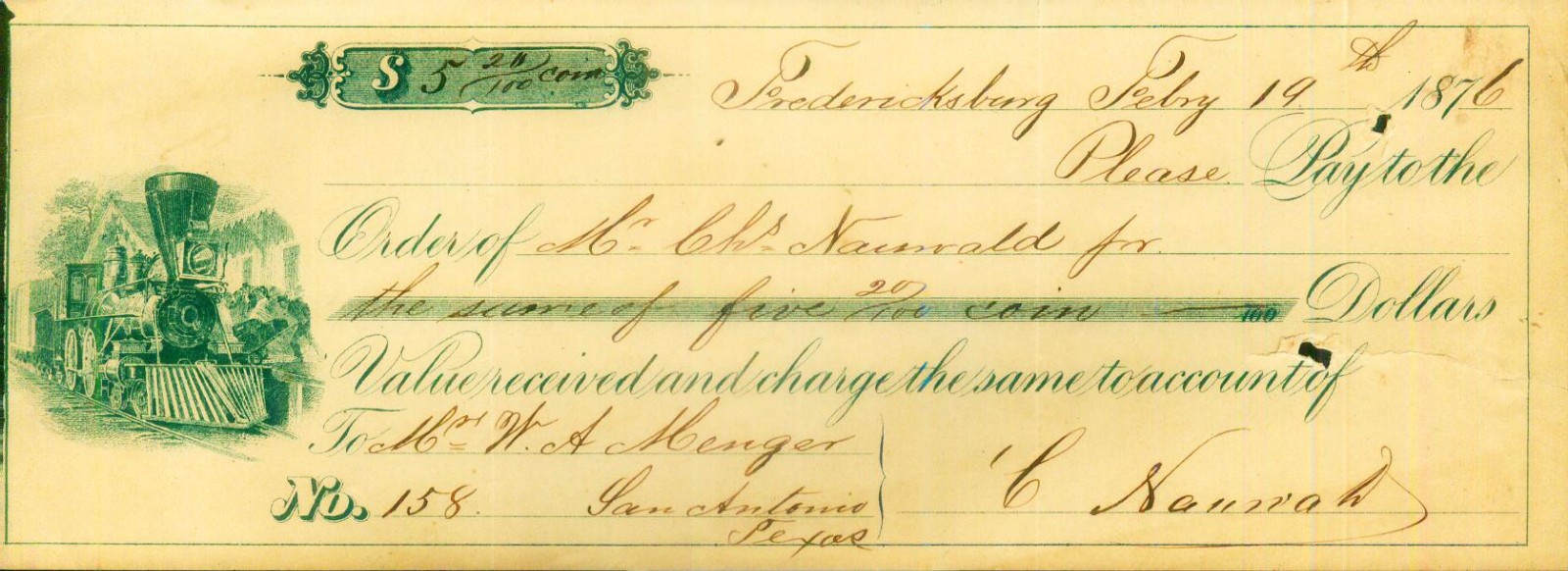 Bank Draft Train Illustrated Charles Nauwald Fredericksburg TX Menger Hotel 1876