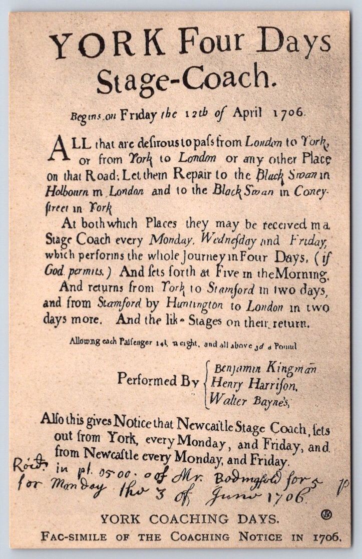 Antique UK Postcard YORK Four Days StageCoach Notice 1706 Facsimile