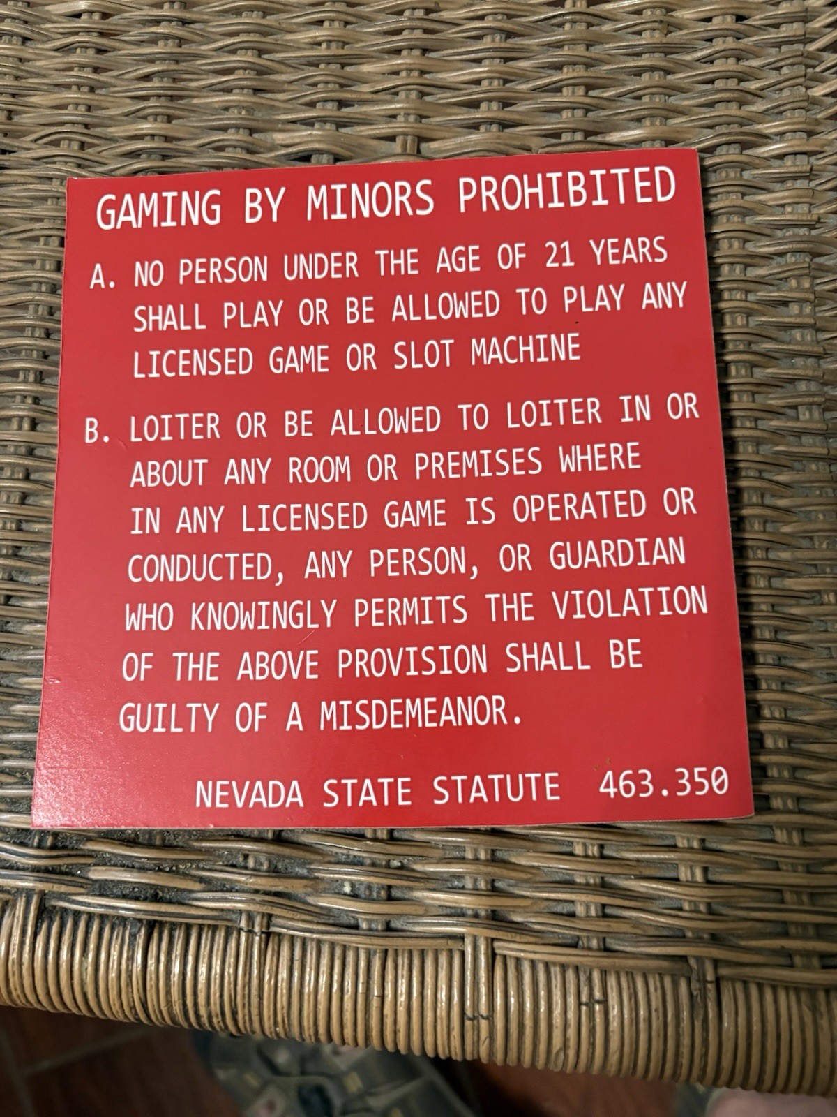 Vintage Las Vegas Casino Slot Machine Warning Sign posted in all casinos 6”x6”