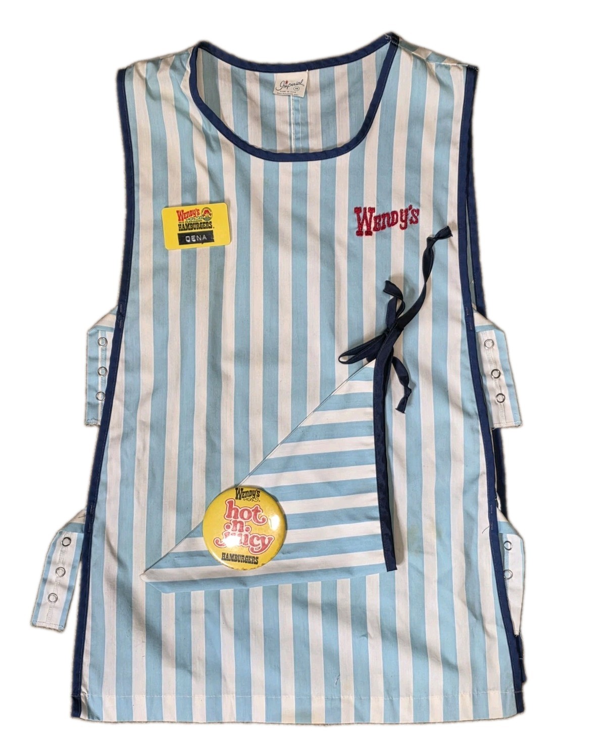 VINTAGE 1970s Wendy\'s Uniform Smock Apron, Scarf Name Tag Button Lot Imperial M