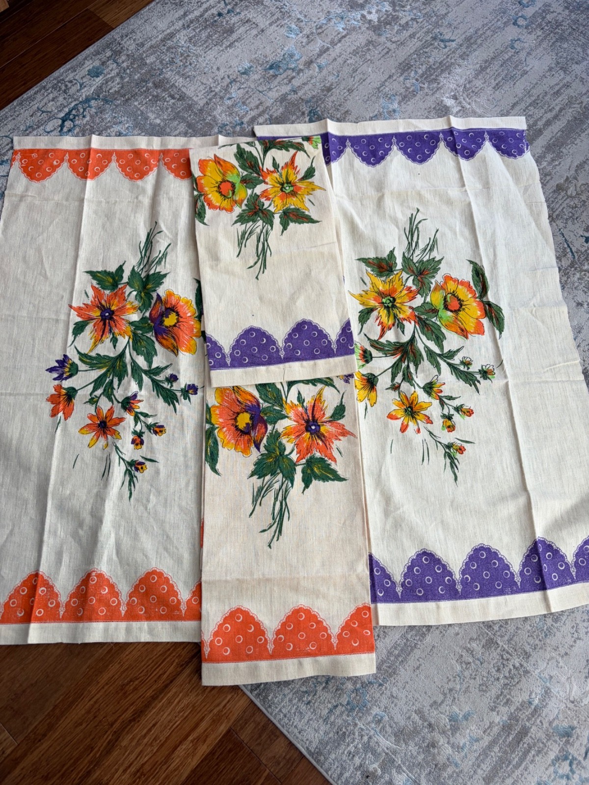 Vintage Fabric Linen Burlap Floral Dresser Scarfs Drape Panels 4 Piece Set MCM