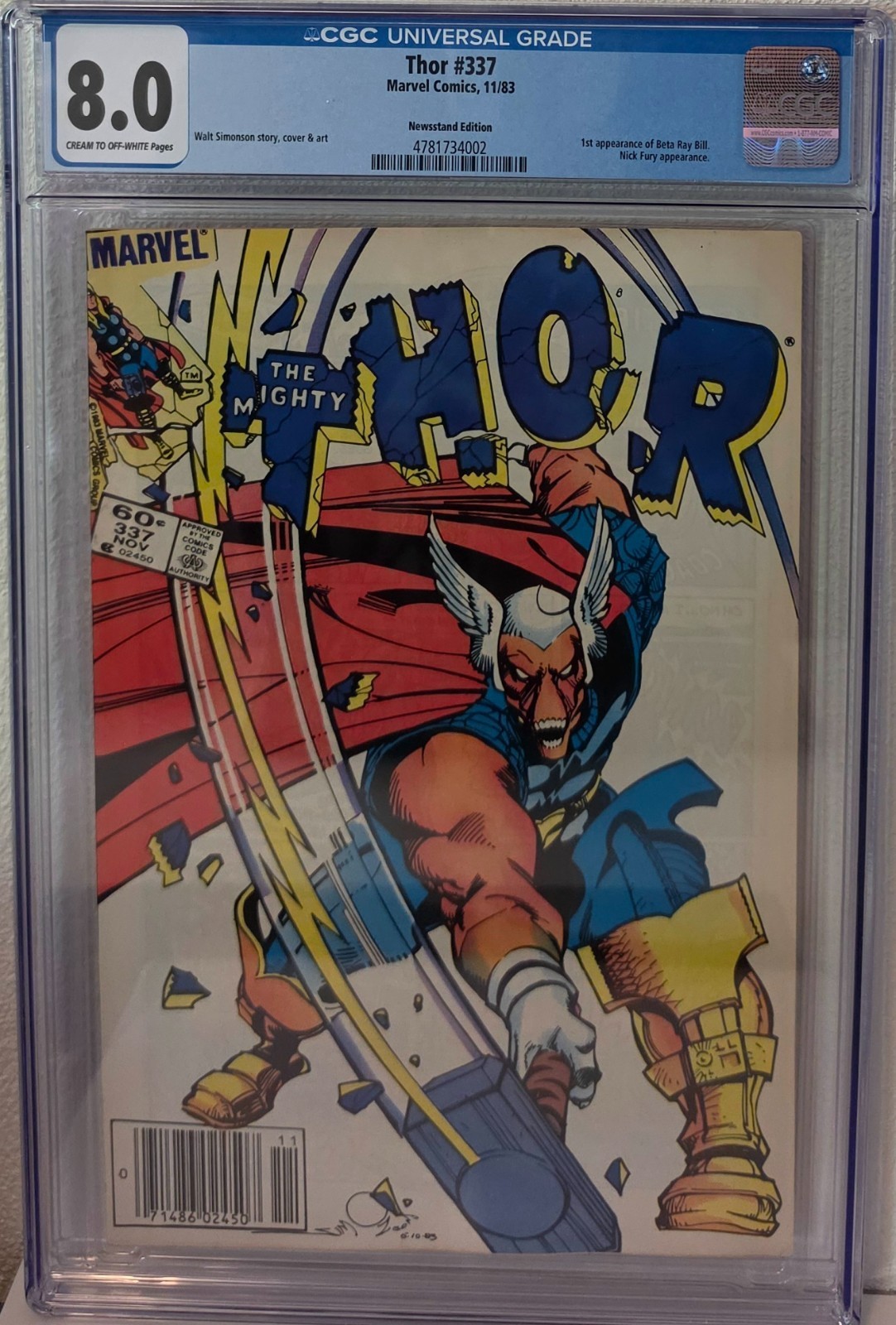 THOR #337 NEWSSTAND EDITION FIRST BETA RAY BILL CGC  8.0 cream to Off-white pgs