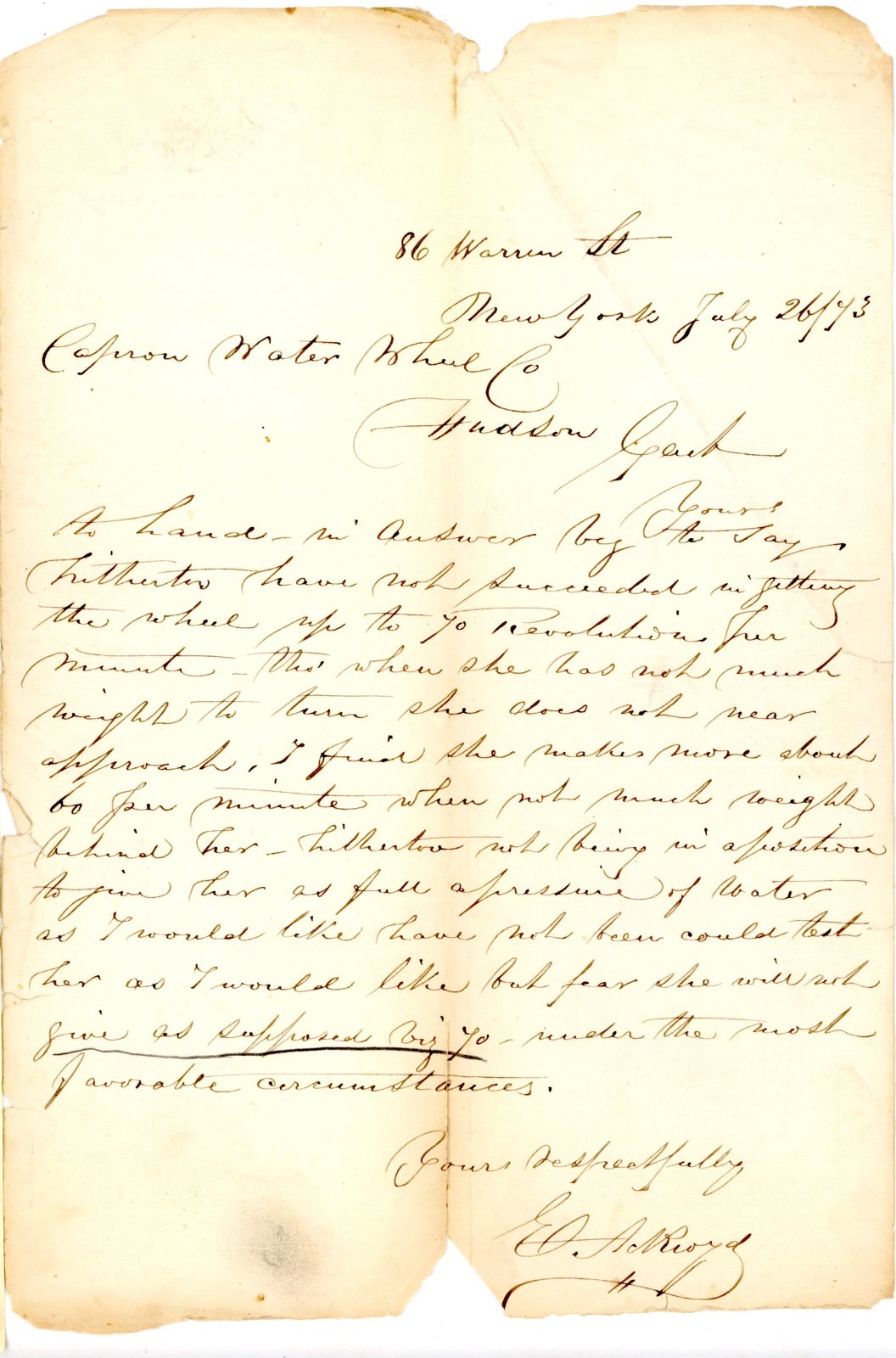 1843 New York Letter Capron Water Wheel Co Hudson Early Industrial Engineering
