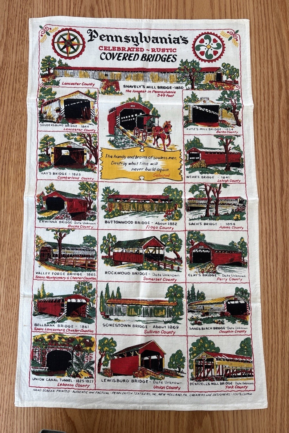 Vintage Pennsylvania Covered Bridges Tea Towel 100% Cotton Fabric 15.5\
