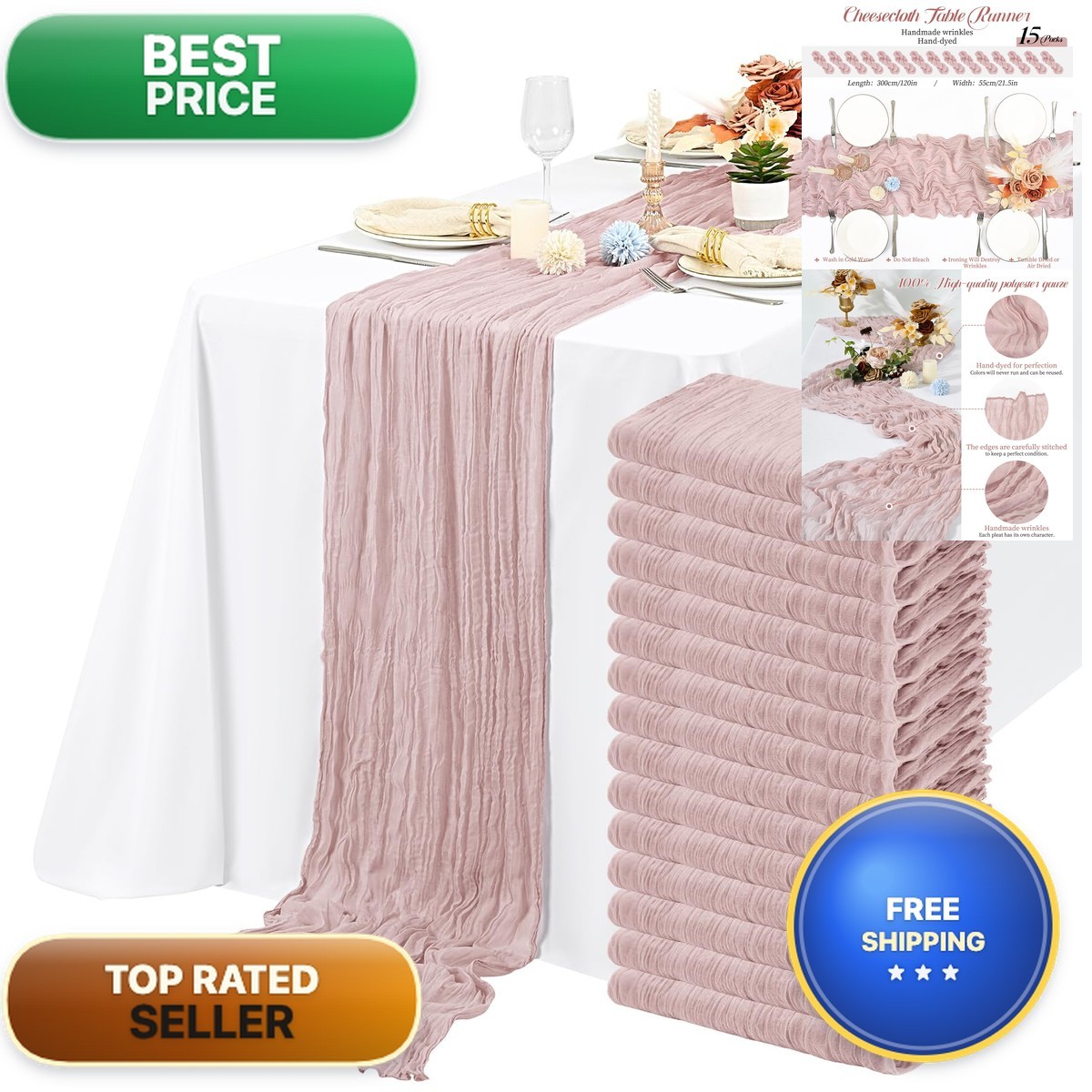 Lykoow 15 Packs Cheesecloth Table Runner Dusty Pink 10 Ft Boho Wedding