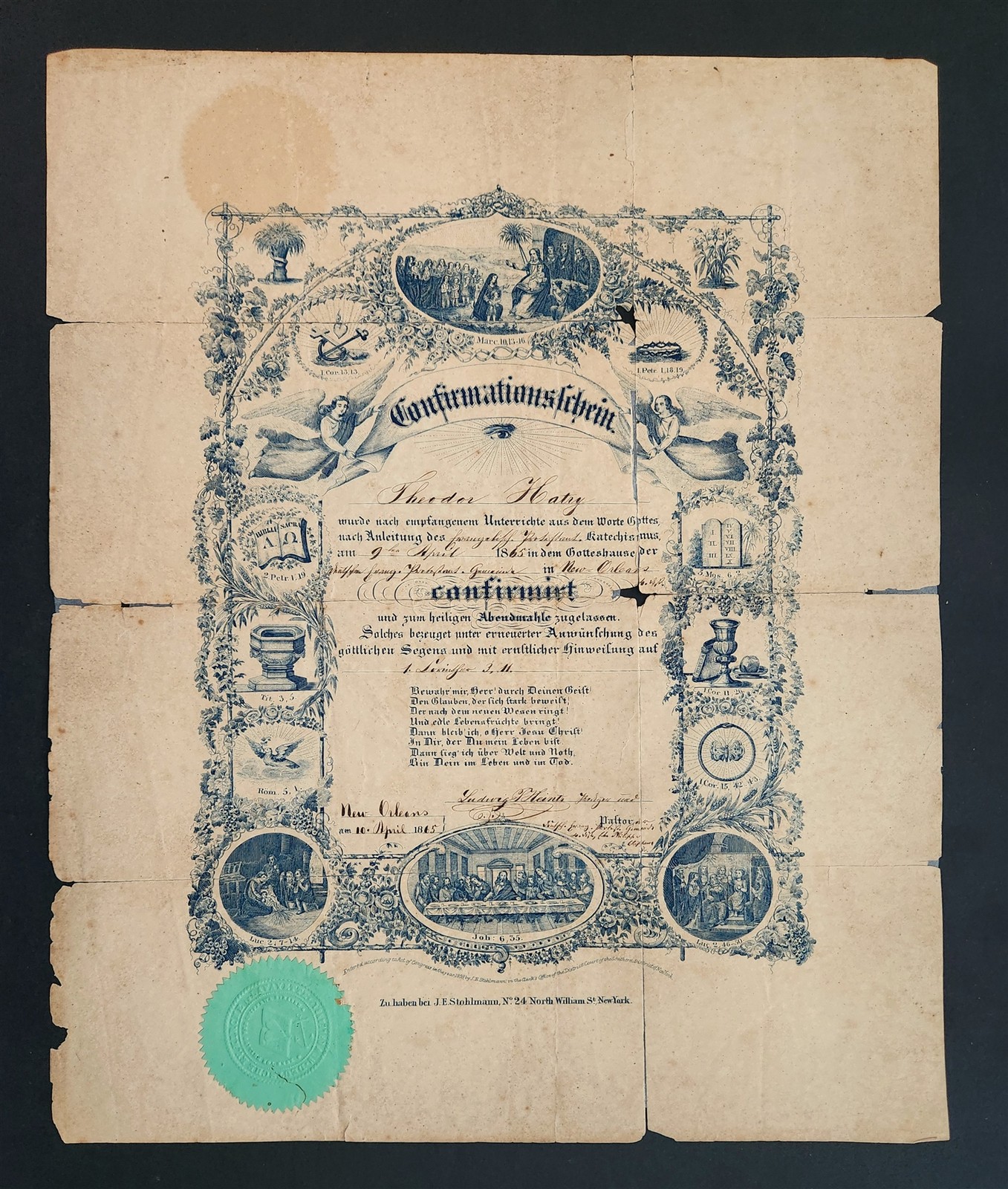 1865 antique GERMAN CONFIRMATION CERTIFICATE Theodor HATRY new orleans la