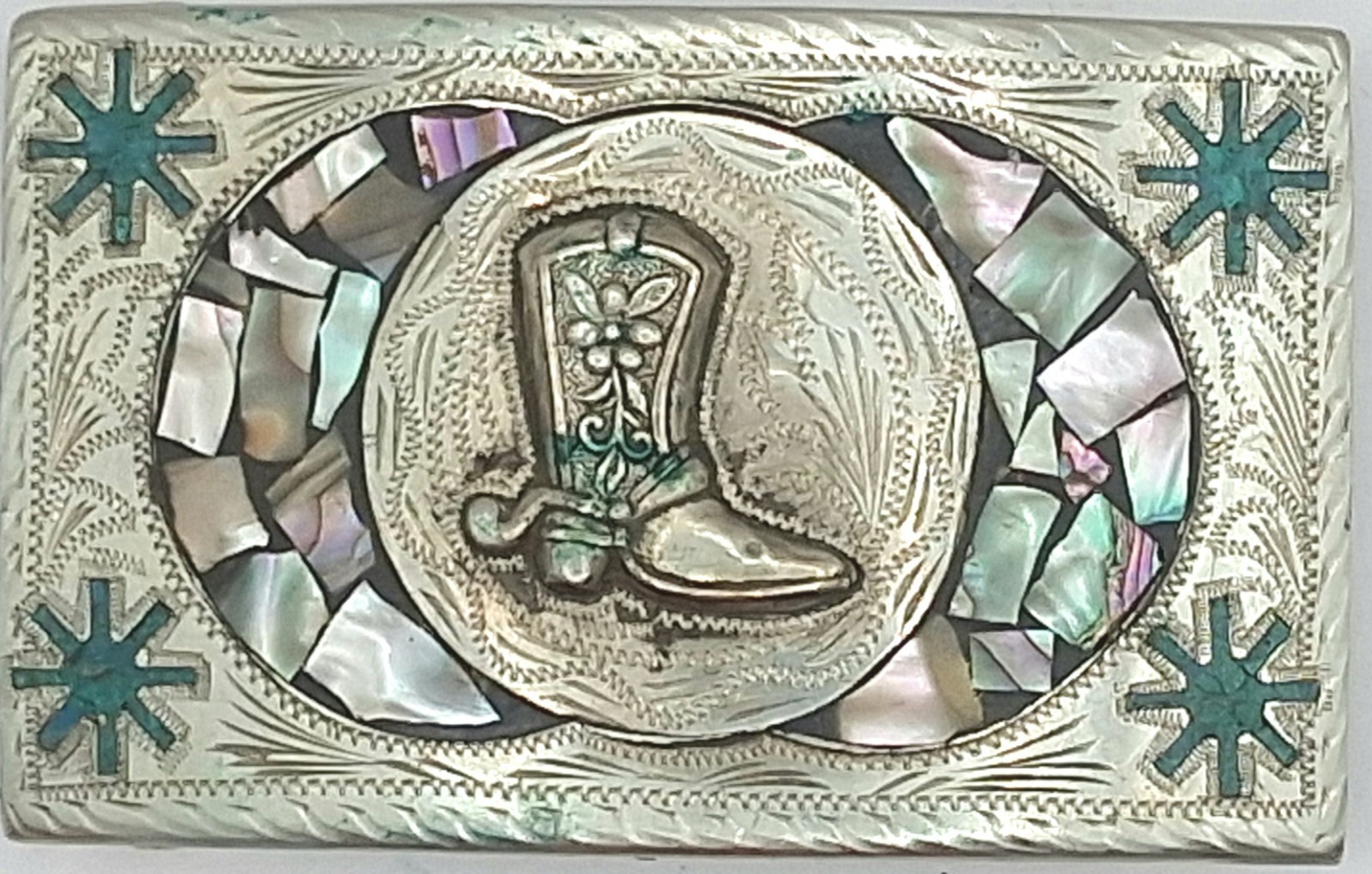 Vintage Alpaca Mexico Mother of Pearl Inlay Cowboy Boot Western Belt Buckle 3