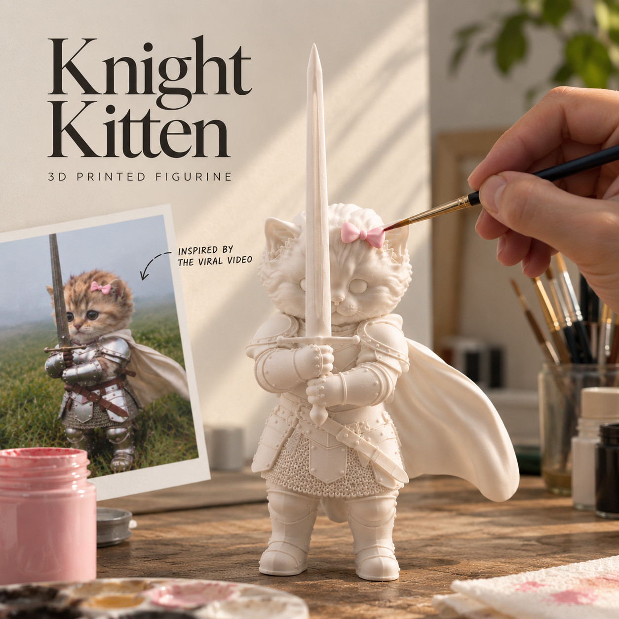 Viral Cute Knight Kitten Cat Figurine Paintable White PLA 3D Printed Figure
