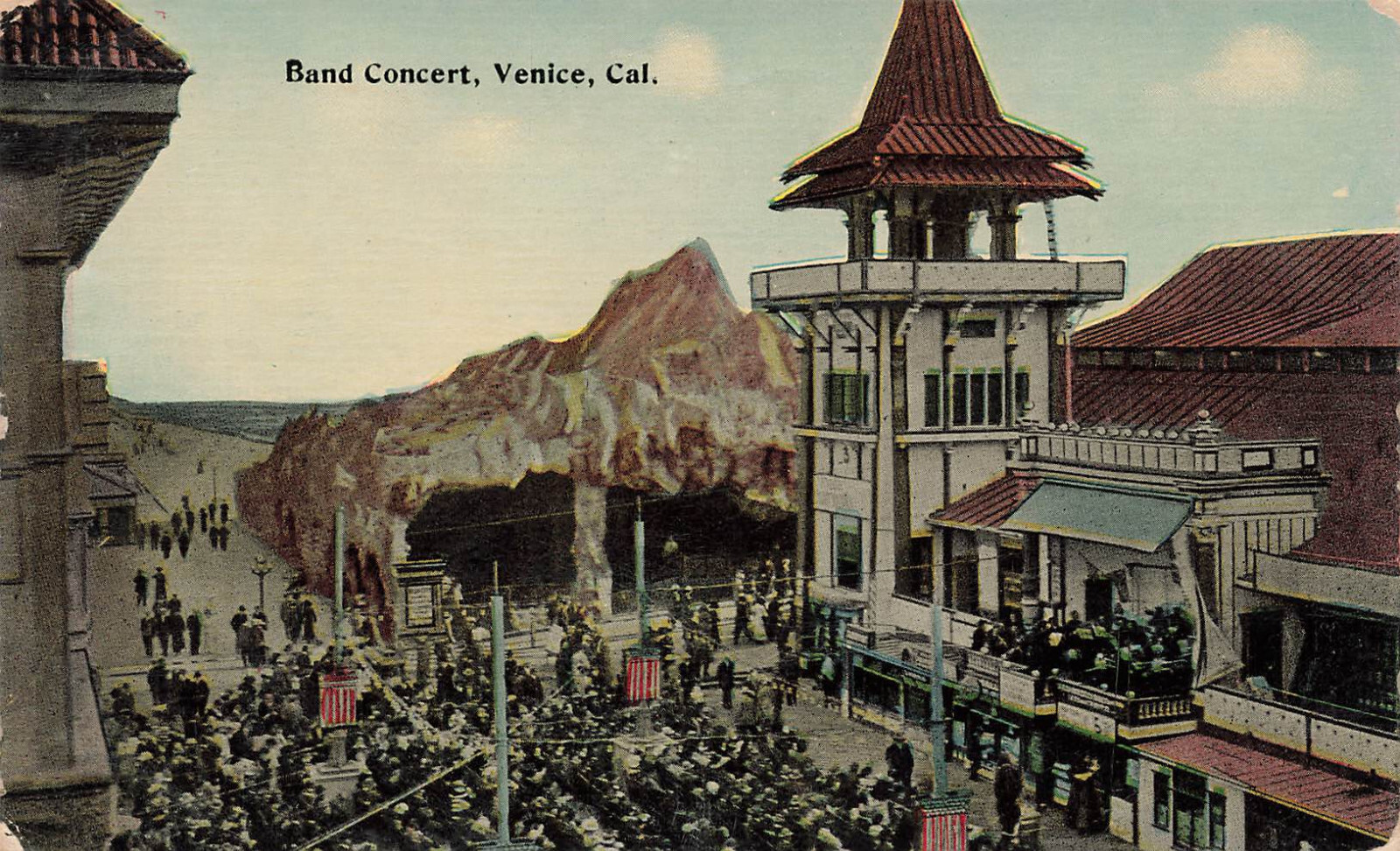BAND CONCERT AND TOWN SCENE POSTCARD VENICE CA CALIFORNIA 1912