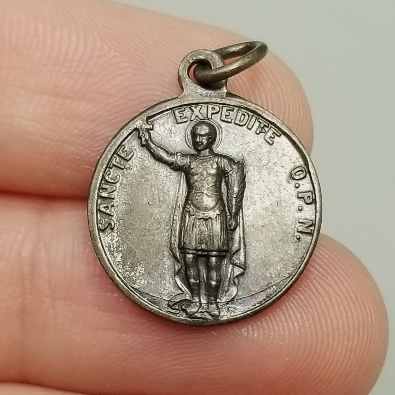 Vintage St Saint Expedite Pendant Medal Charm Round Silver Tone