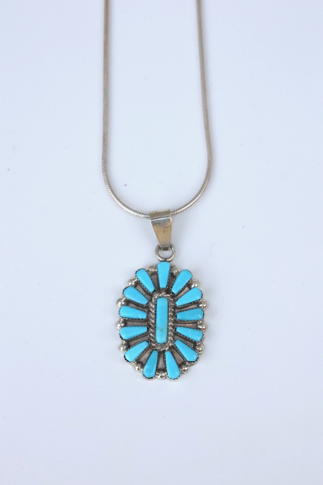 Zuni Sterling Silver Turquoise Cluster Pendant Necklace - 16\