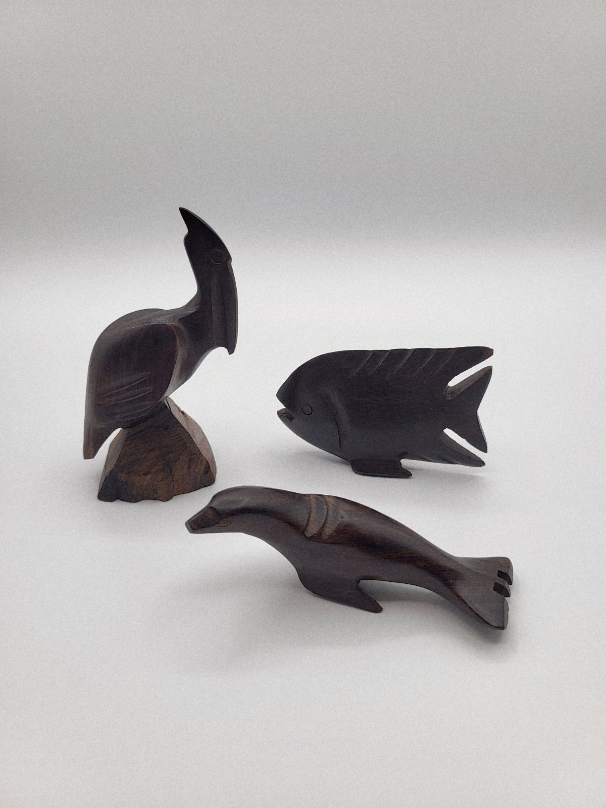Vintage MCM Hand-Carved Desert Ironwood Figurines~Pelican, Fish & Sea Lion