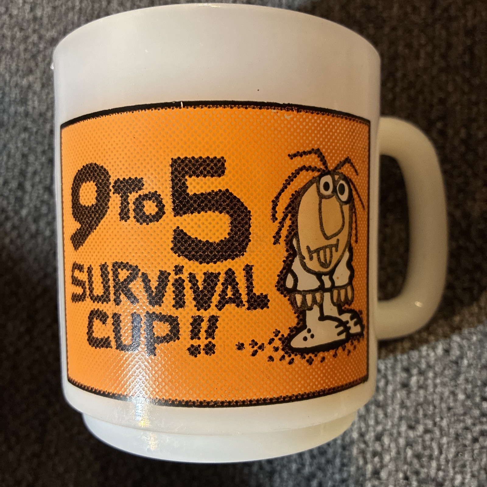 Vintage 1970’s Glasbake Milk Glass Mug “9 To 5 Survival Cup”