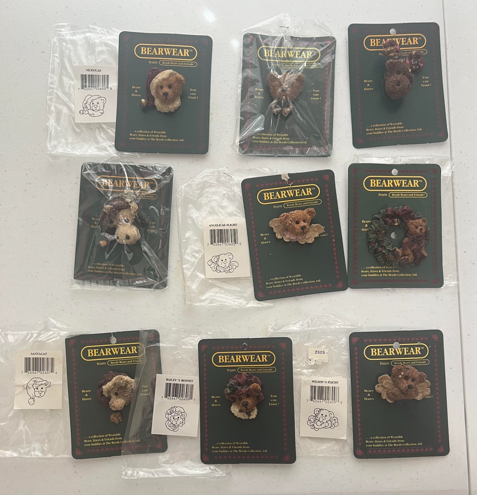 Boyds Bear Bearwear 1994 Set of 9 New on Cards